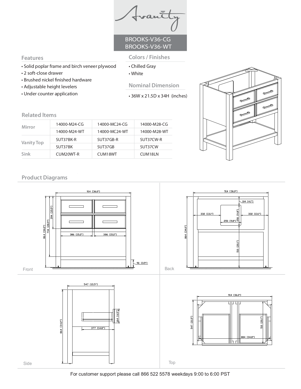 Avanity BROOKSVS36WTC Specifications