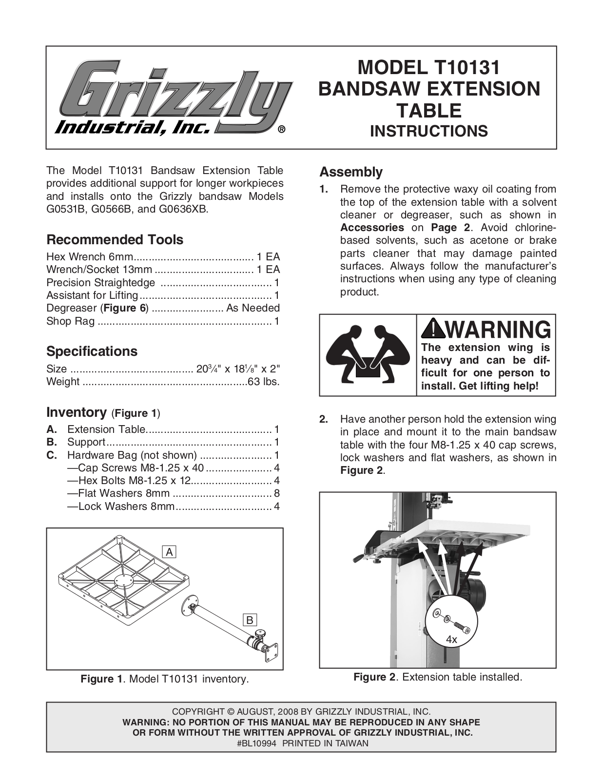 Grizzly T10131 User Manual