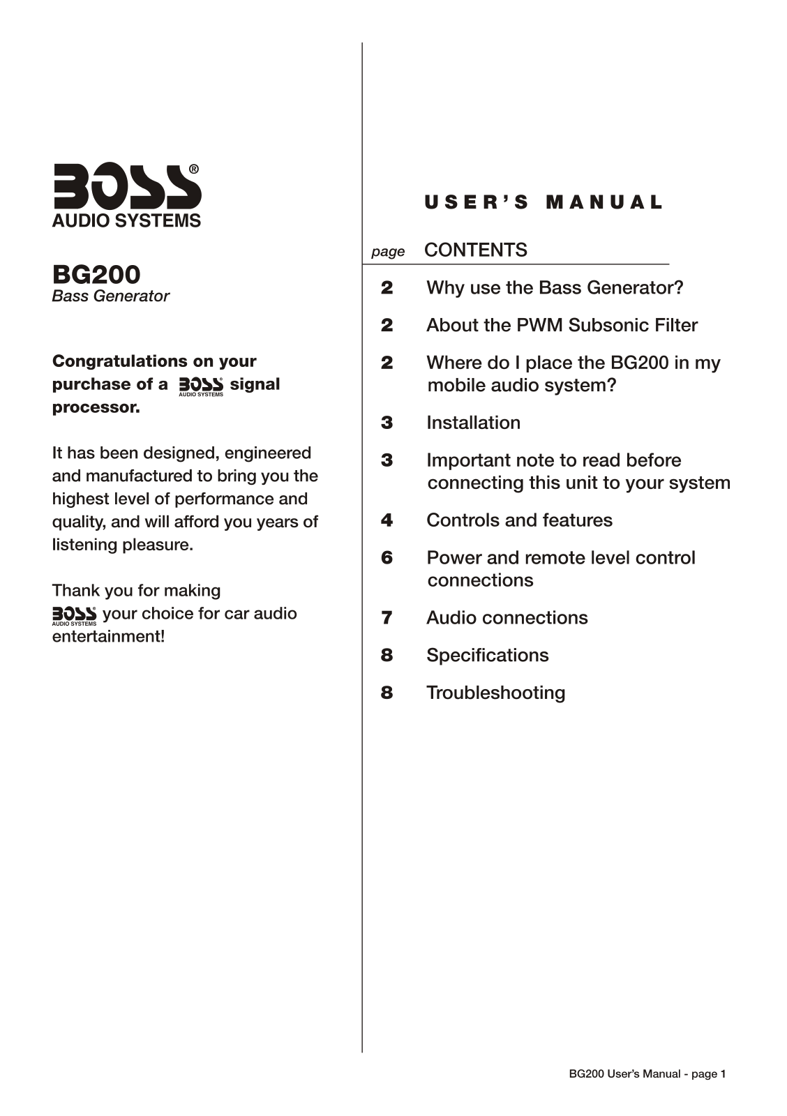 Boss Audio BG200 Owner Manual