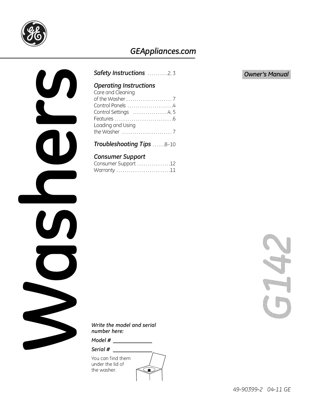 GE GTWN3000M2WS, GCWN3000M2WS Owner’s Manual