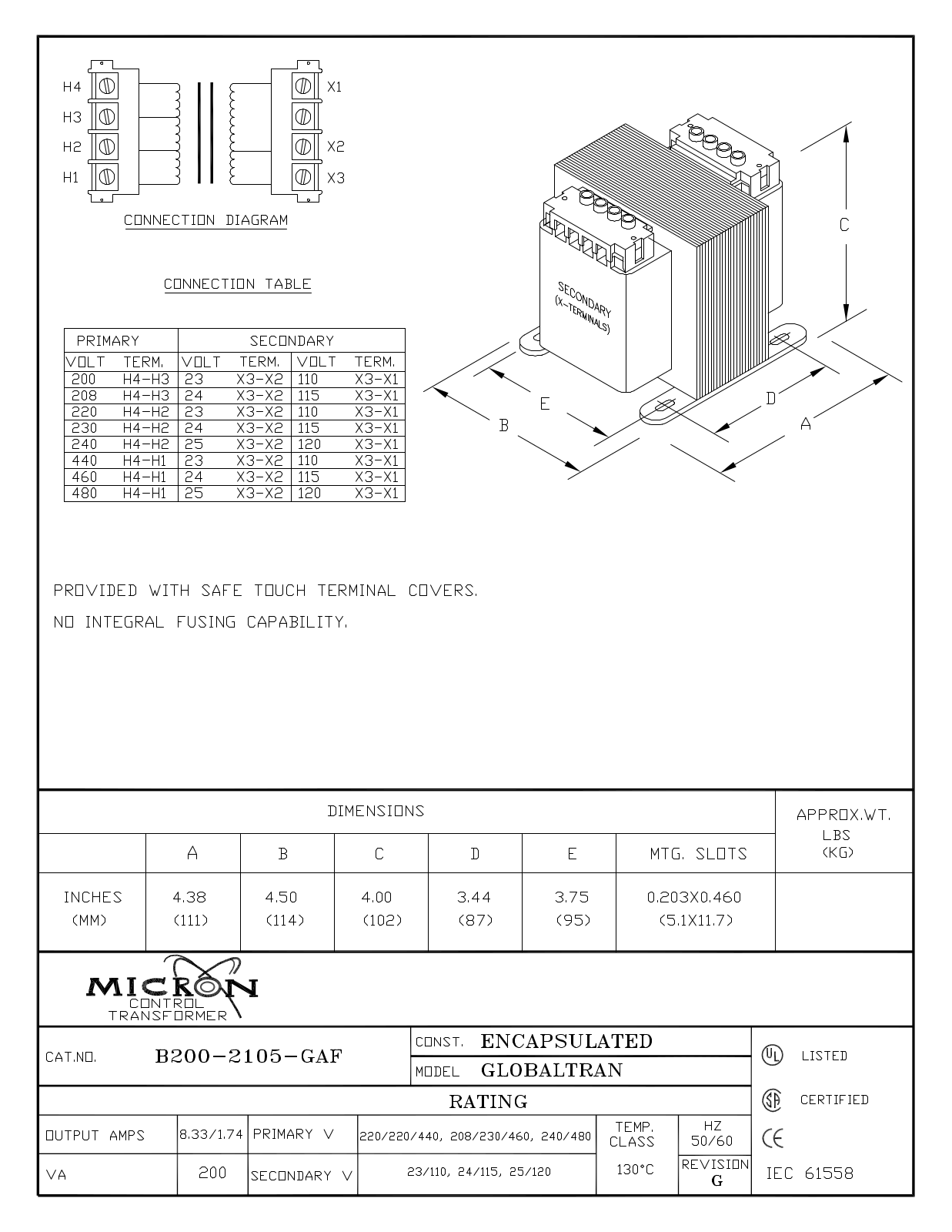 Micron Industries B200-2105-GAF Specification Sheet