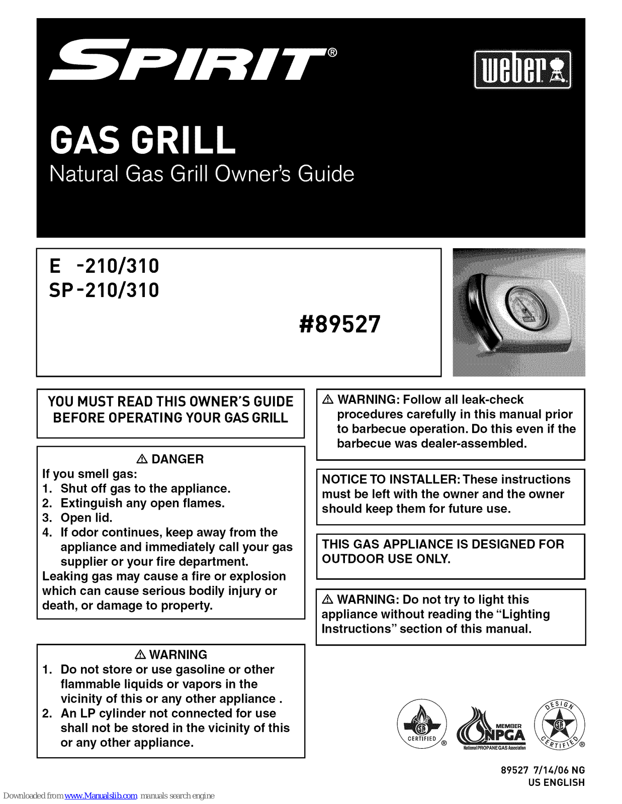 Weber Spirit SP-210NG, Spirit SP-310NG, Spirit E-310NG, Spirit E-210NG Owner's Manual