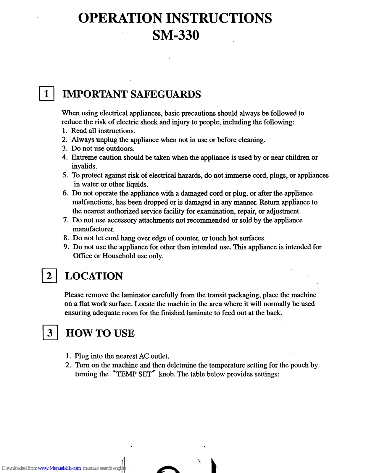 Tamerica SM-330 Operation Instructions Manual