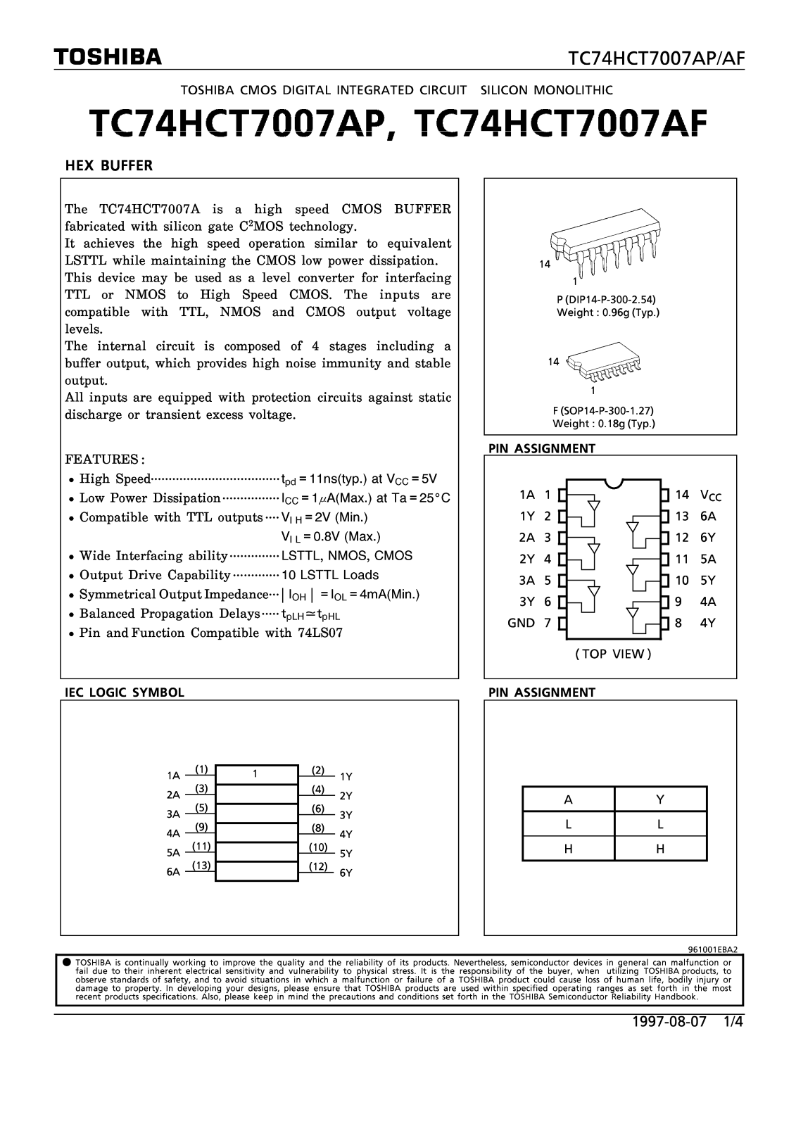 Toshiba TC74HCT7007AF Datasheet