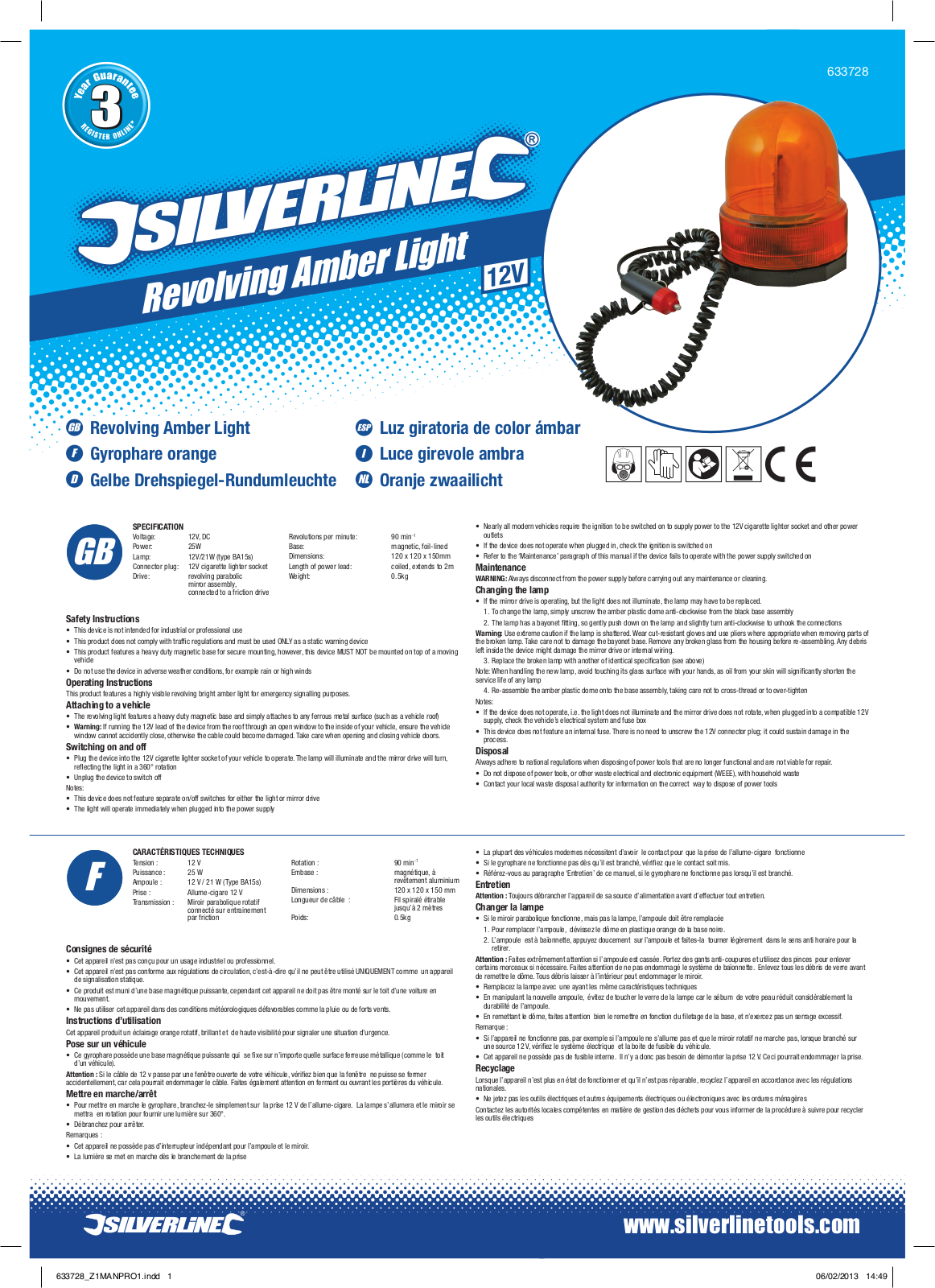 Silverline Revolving Amber Light User Manual