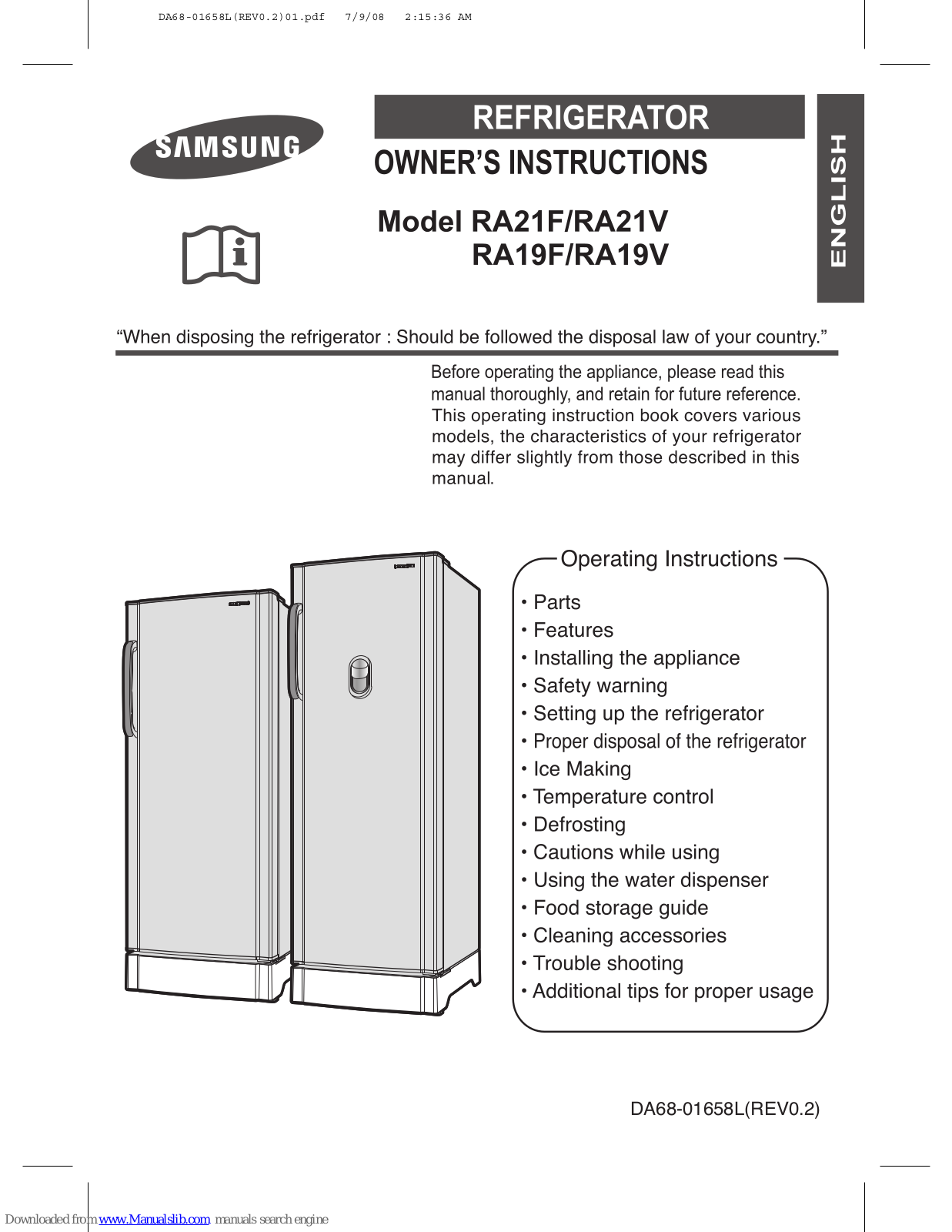 Samsung RA19F, RA21F, RA21V Owner's Manual