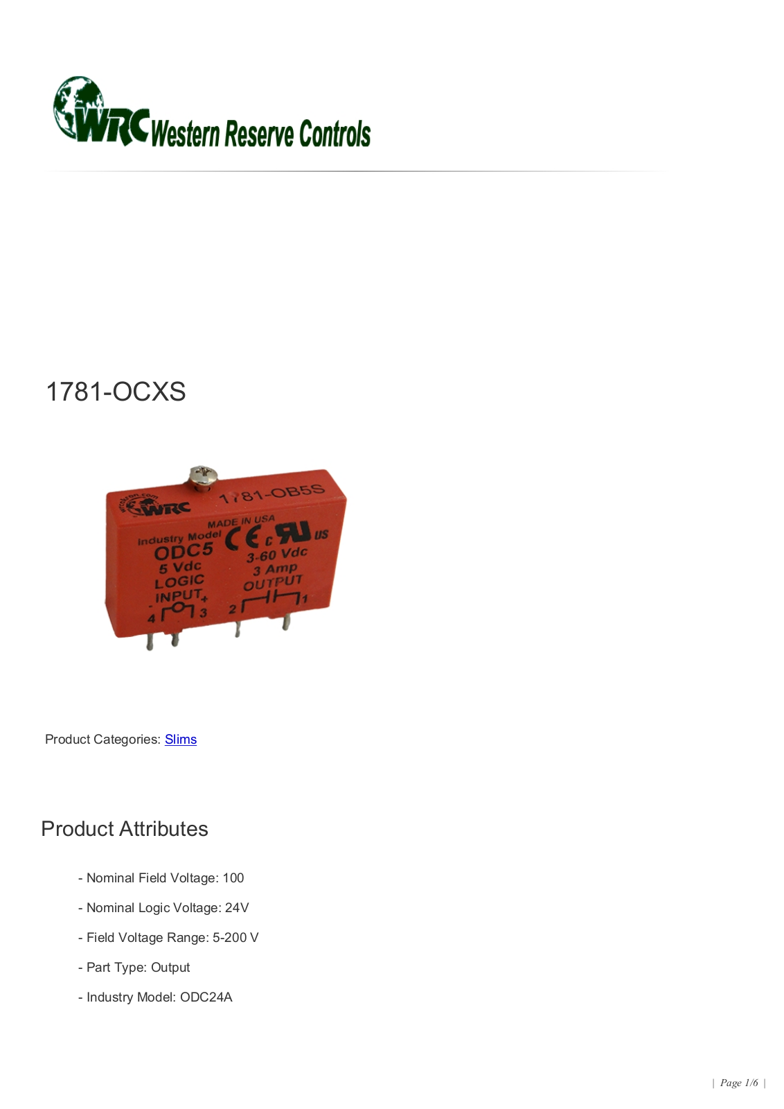 Western Reserve Controls 1781-OCXS Data Sheet