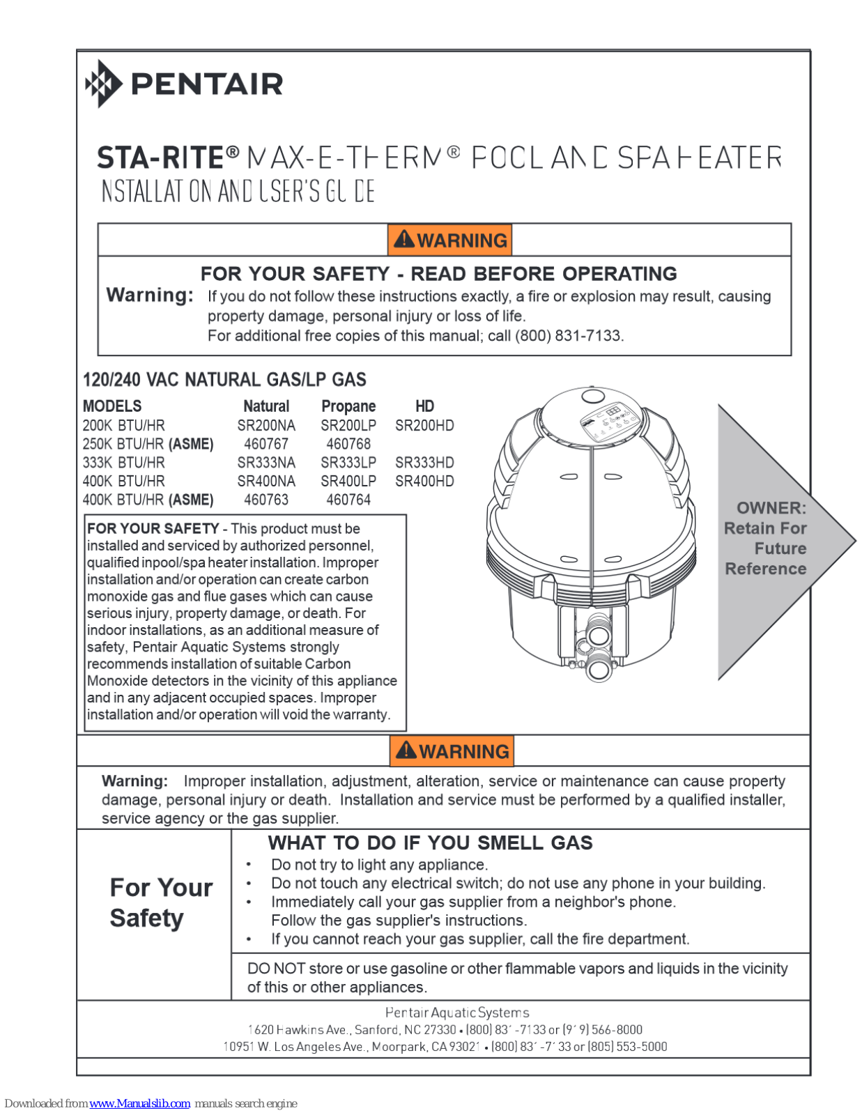 Pentair Max-E-Therm 200K BTU/HR, Max-E-Therm 250K BTU/HR (ASME), Max-E-Therm 333K BTU/HR, Max-E-Therm 400K BTU/HR Installation And User Manual