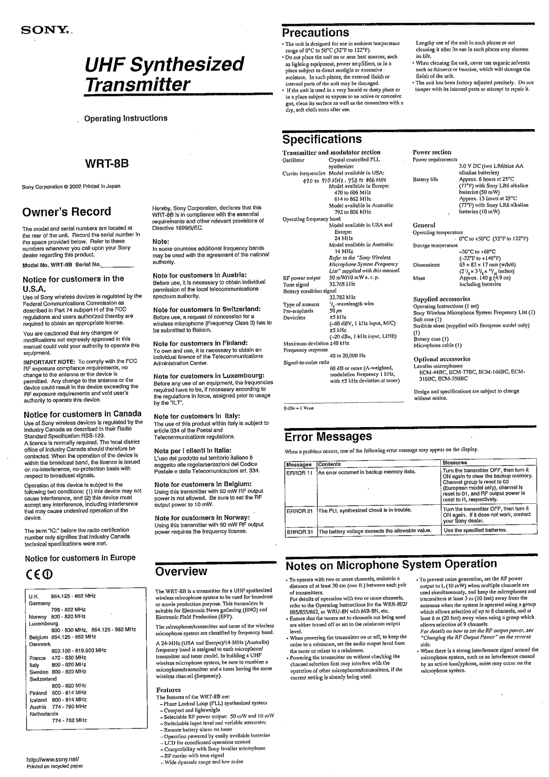 Sony WRT8B1 User Manual