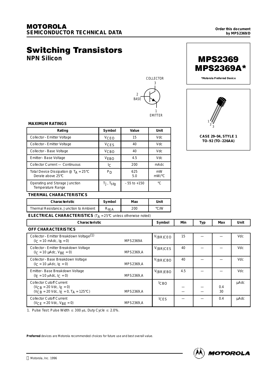 MOTOROLA MPS2369AZL1, MPS2369RLRA, MPS2369RLRP, MPS2369ZL1, MPS2369ARLRP Datasheet