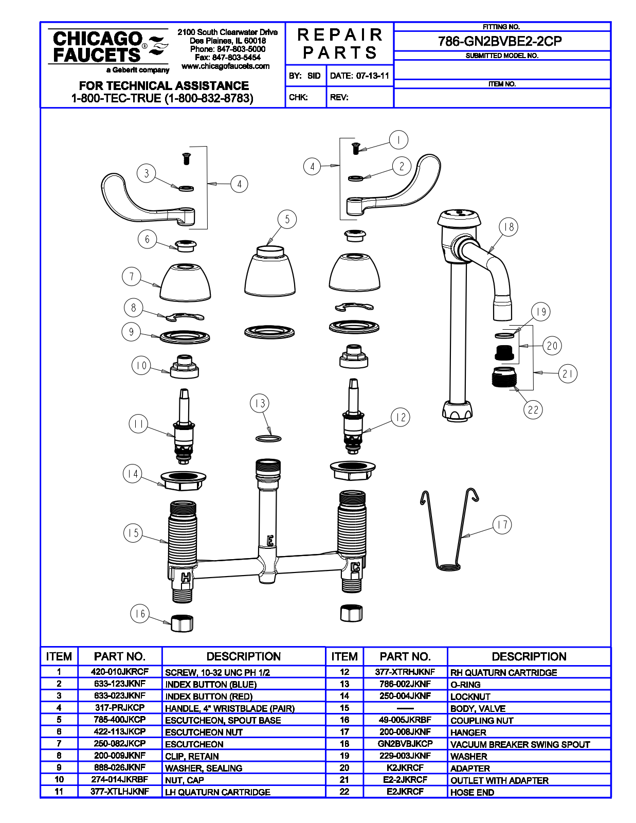 Chicago Faucet 786-GN2BVBE2-2CP Parts List