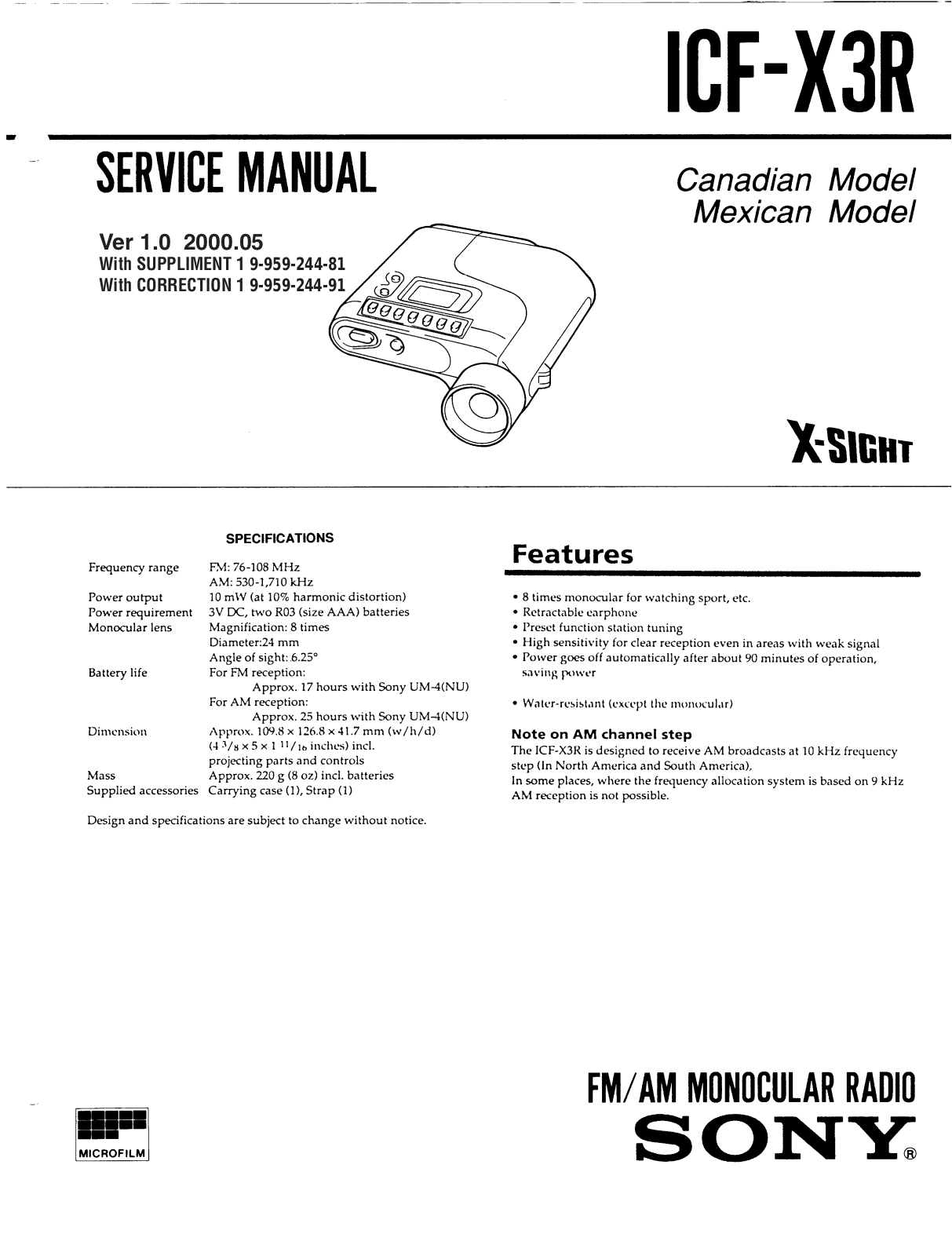 Sony ICFX-3-R Service manual