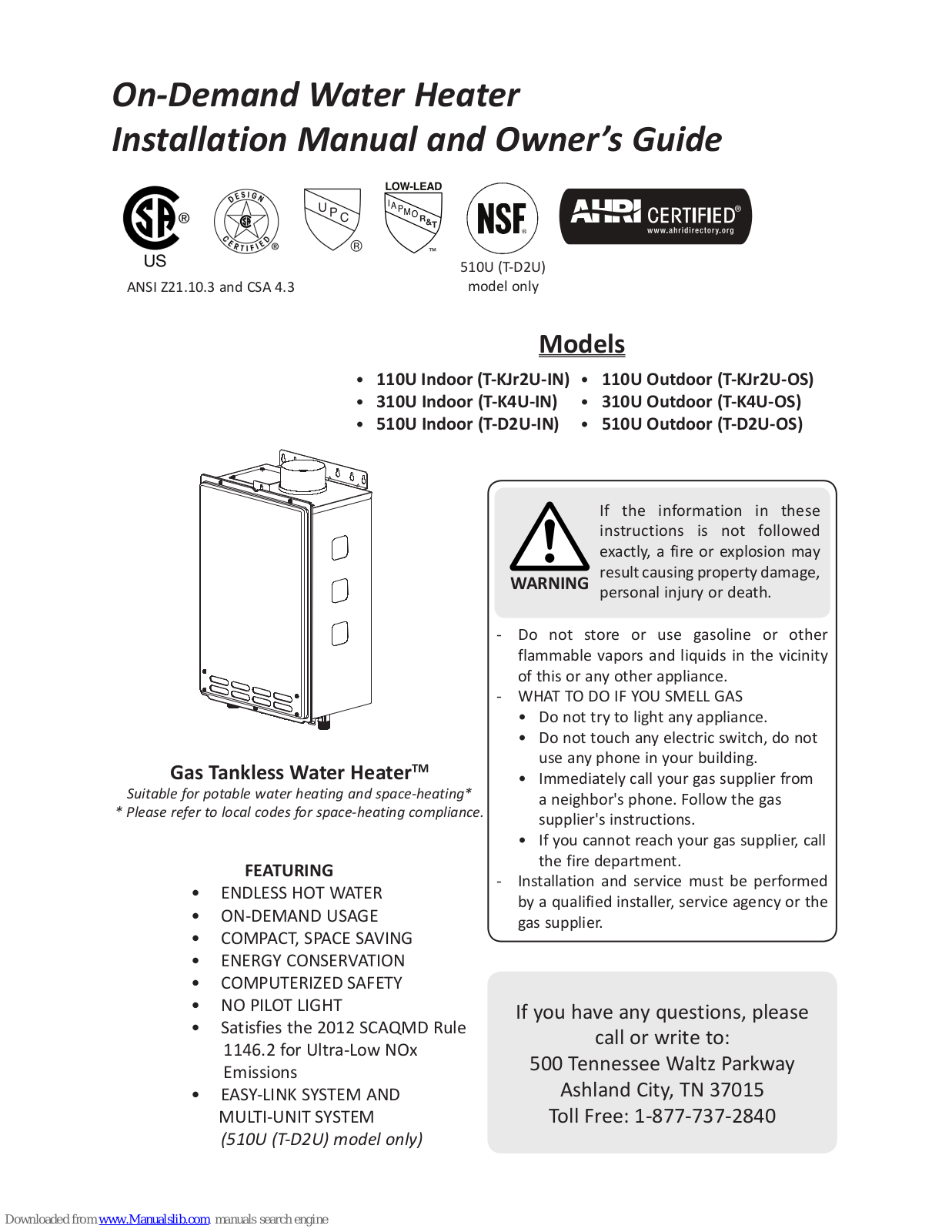 Takagi T-K4U-IN, T-D2U-OS, T-D2U-IN, T-KJr2U-OS, T-K4U-OS Installation Manual And Owner's Manual