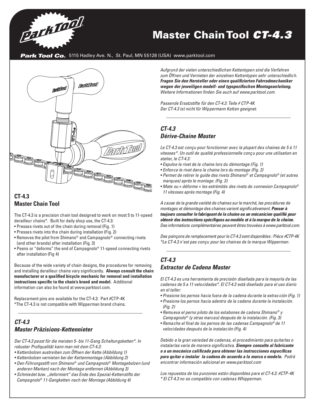 Park Tool Master Chain Tool with Peening Anvil User Manual