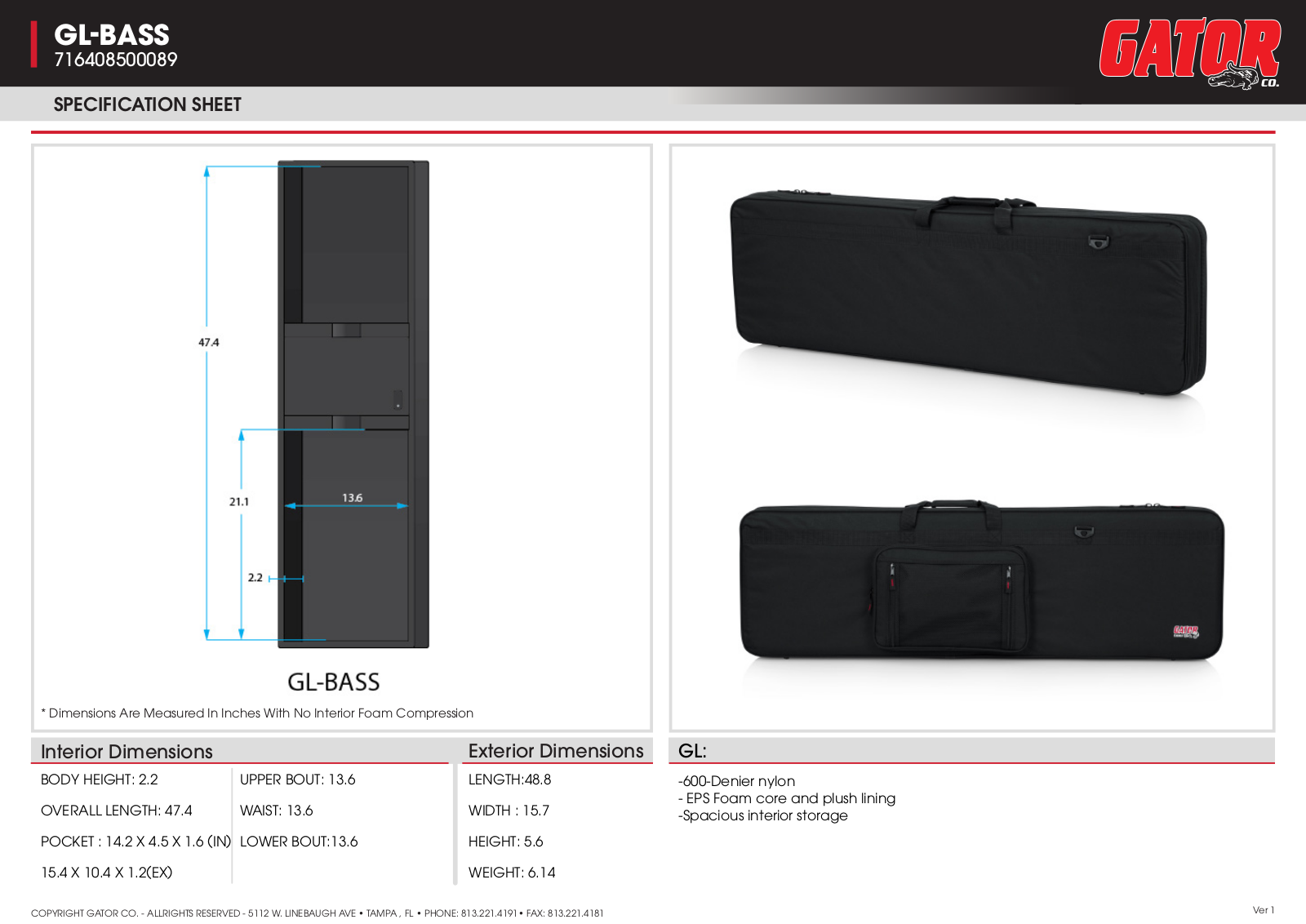 Gator GL-BASS Specifications