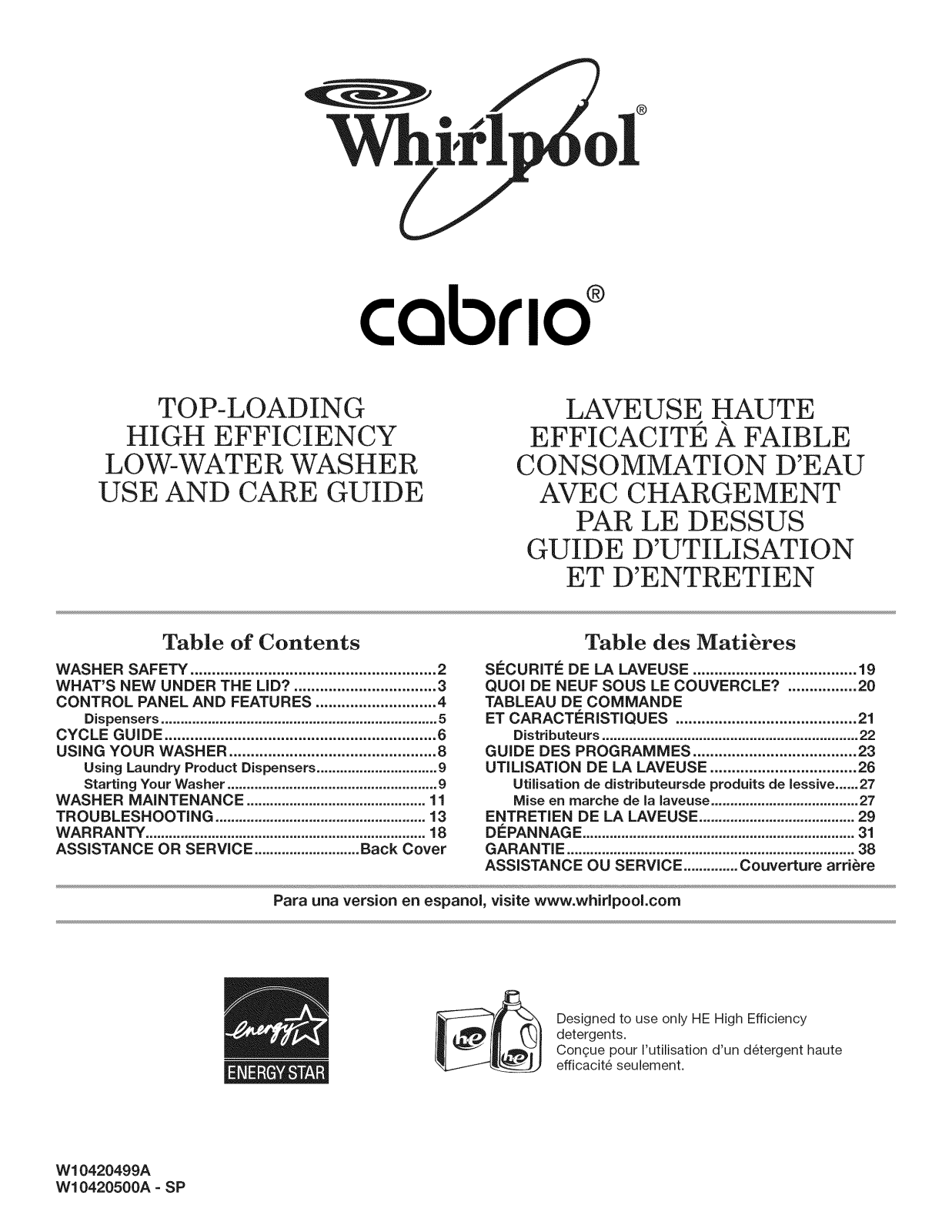 Whirlpool WTW7800XB2, WTW7800XW4, WTW7800XW3, WTW7800XW2, WTW7800XL4 Owner’s Manual