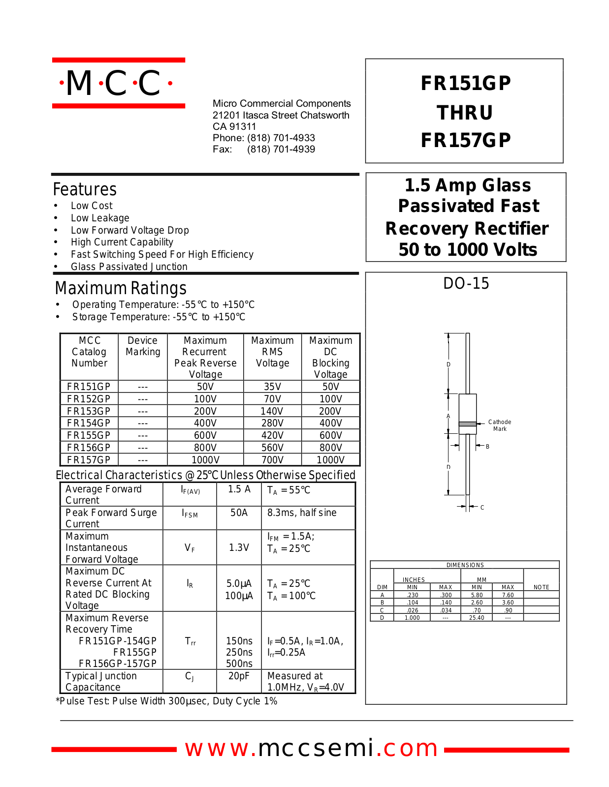 MCC FR155GP, FR156GP, FR157GP, FR153GP, FR154GP Datasheet