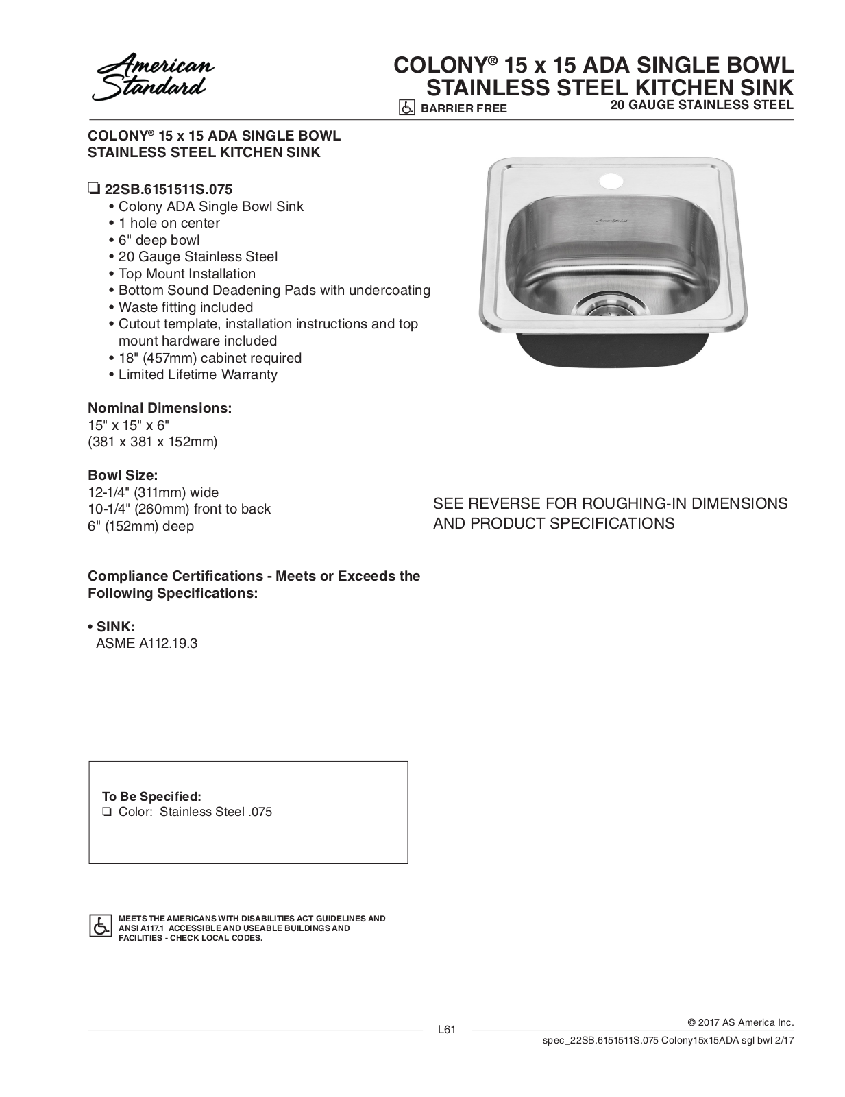 American Standard 22SB.6151511S.075 Installation Manual