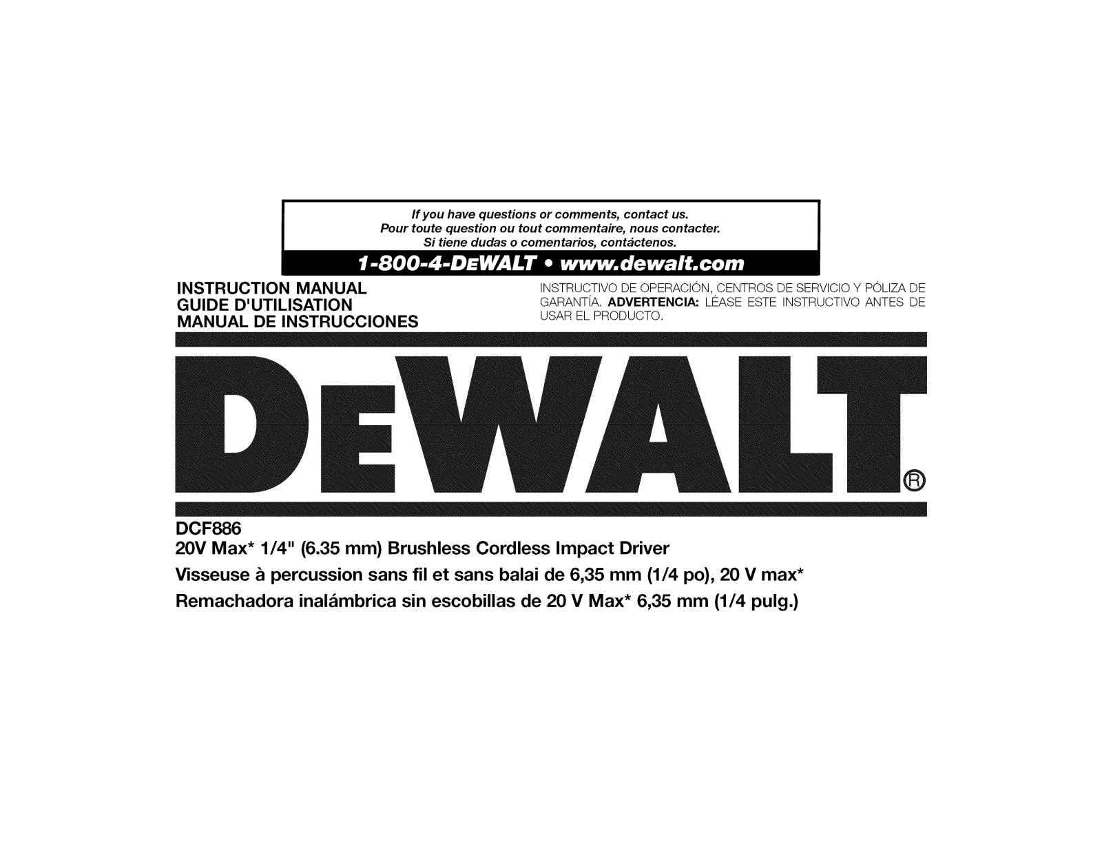 DeWalt DCF886B TYPE 1 Owner’s Manual