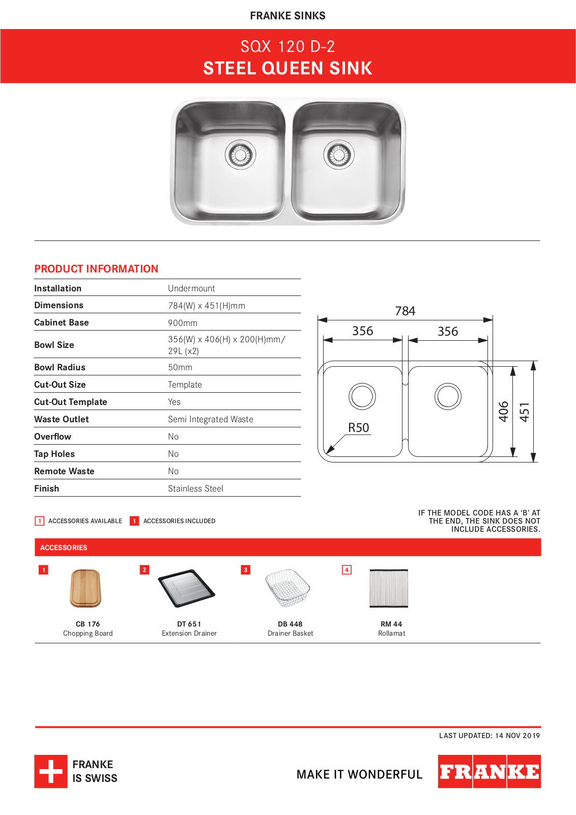 Franke SQX120D-2 Specifications Sheet