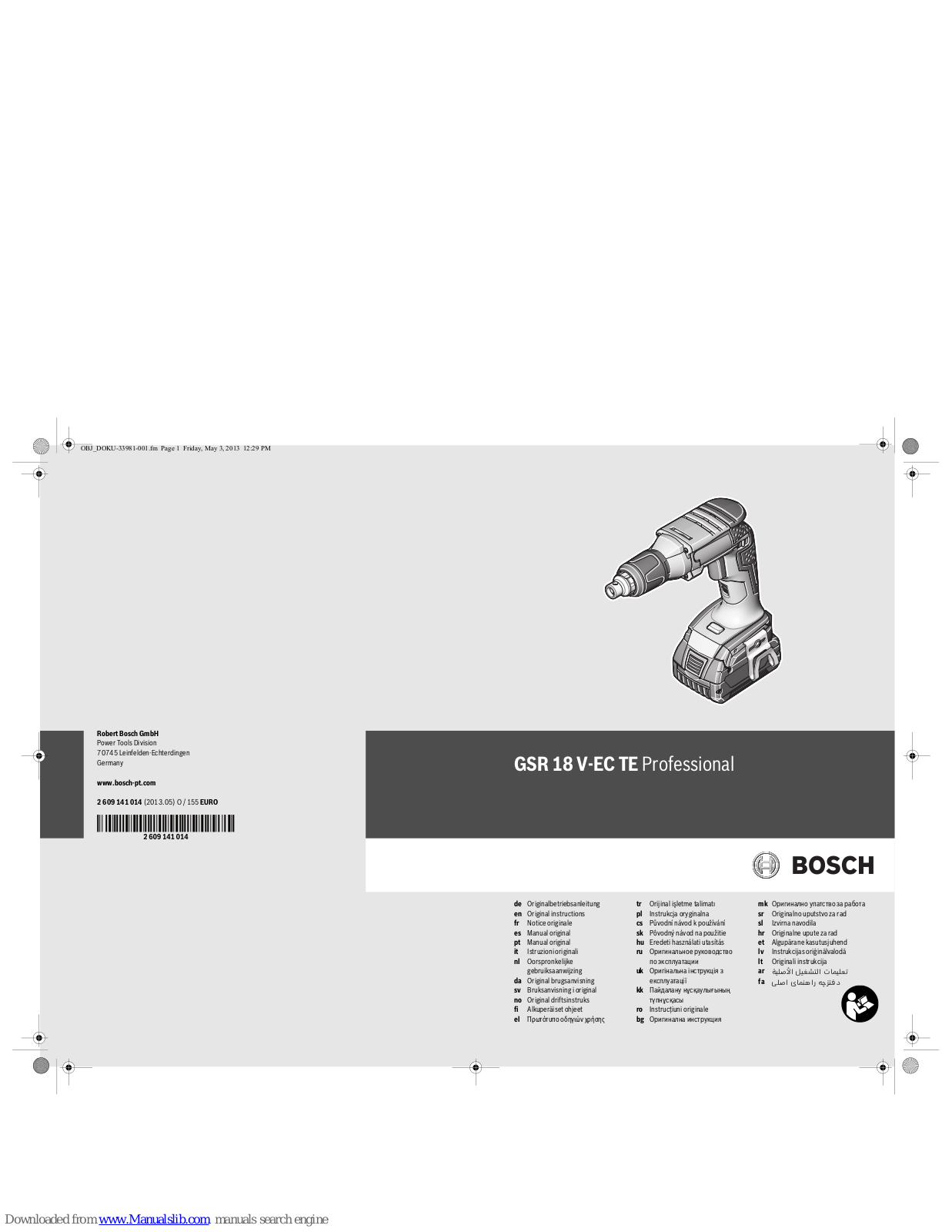 Bosch GSR 18 V-EC TE Professiona Original Instructions Manual