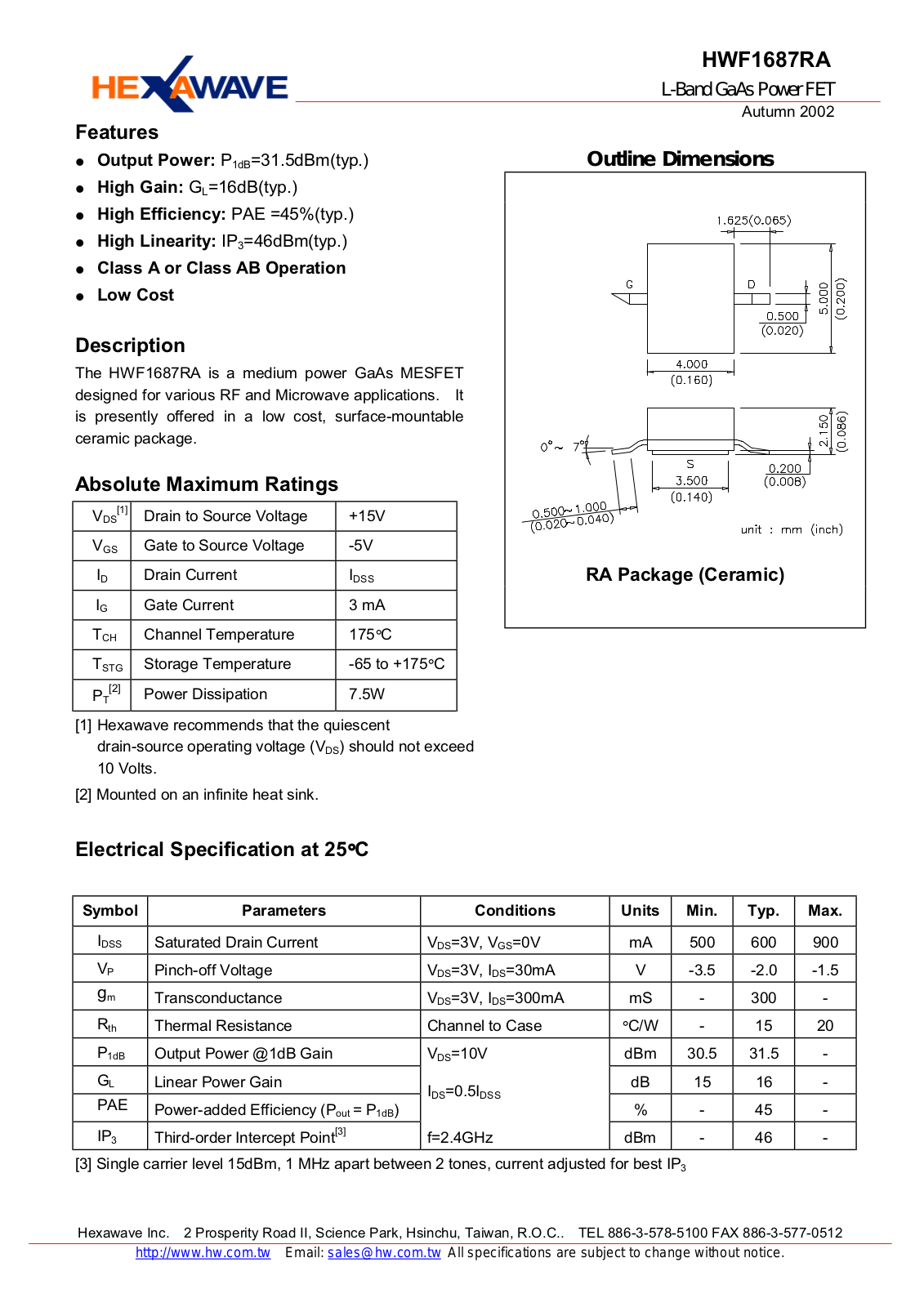 HWTW HWF1687RA Datasheet