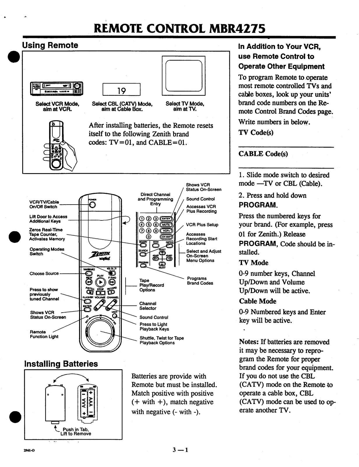 Zenith MBR4275 OPERATING GUIDE