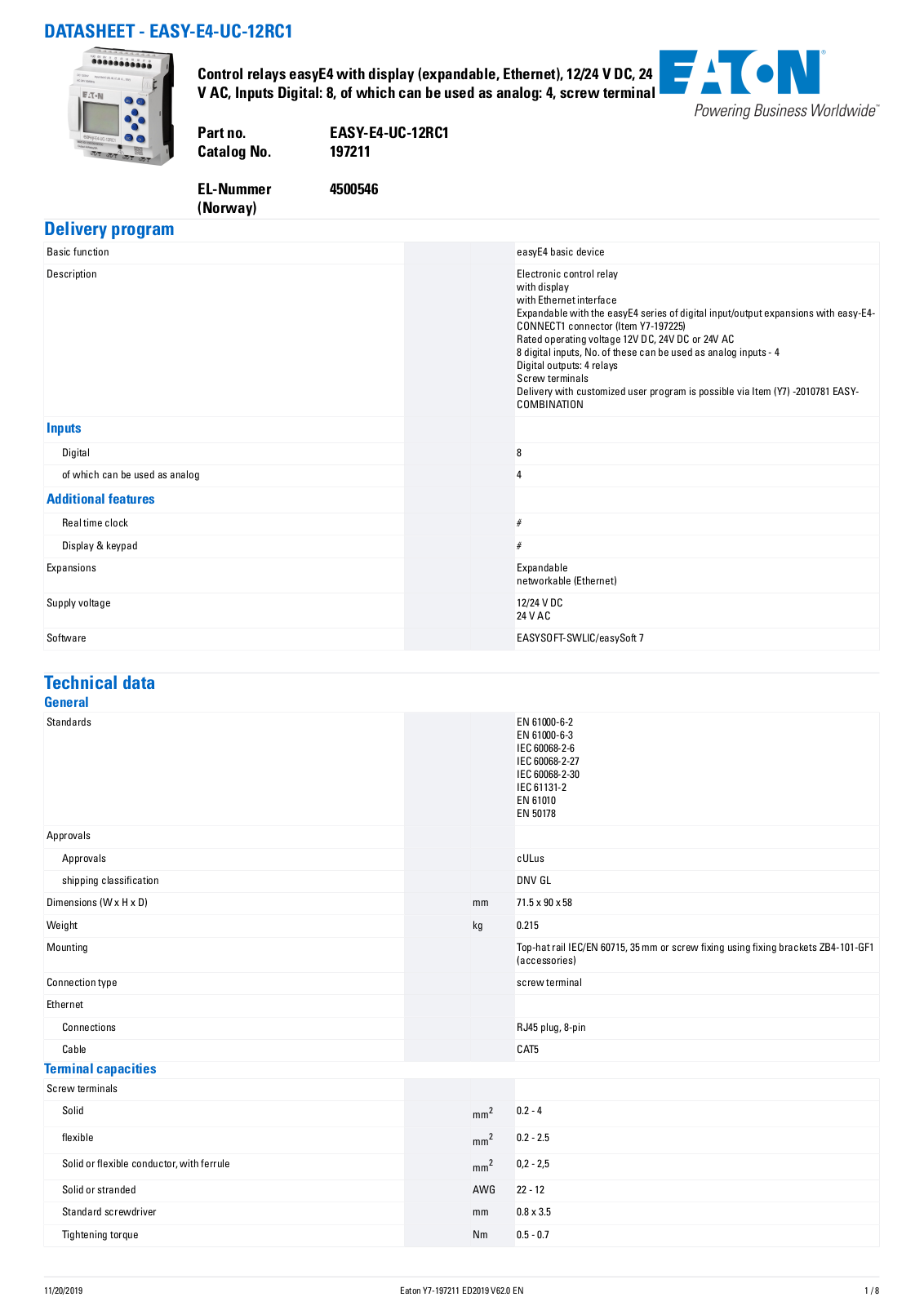 Cutler Hammer, Div of Eaton Corp EASY-E4-UC-12RC1 Data Sheet