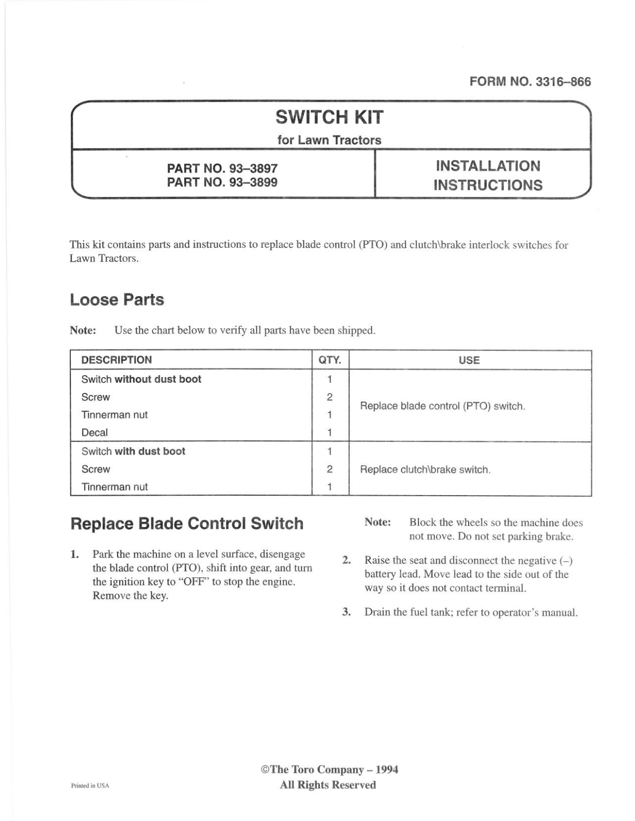 Toro 93-3899 Installation Instructions