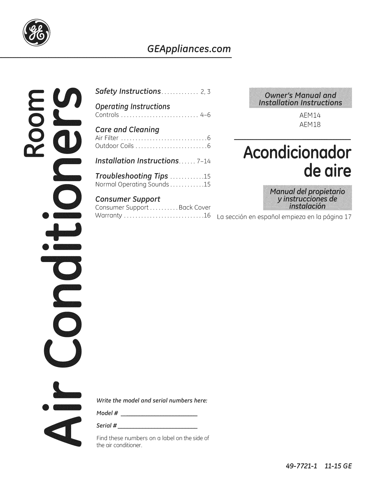 GE AEM18DVL1, AEM18DTL1, AEM14AVL1, AEM14ATL1, AEM14ASL1 Owner’s Manual