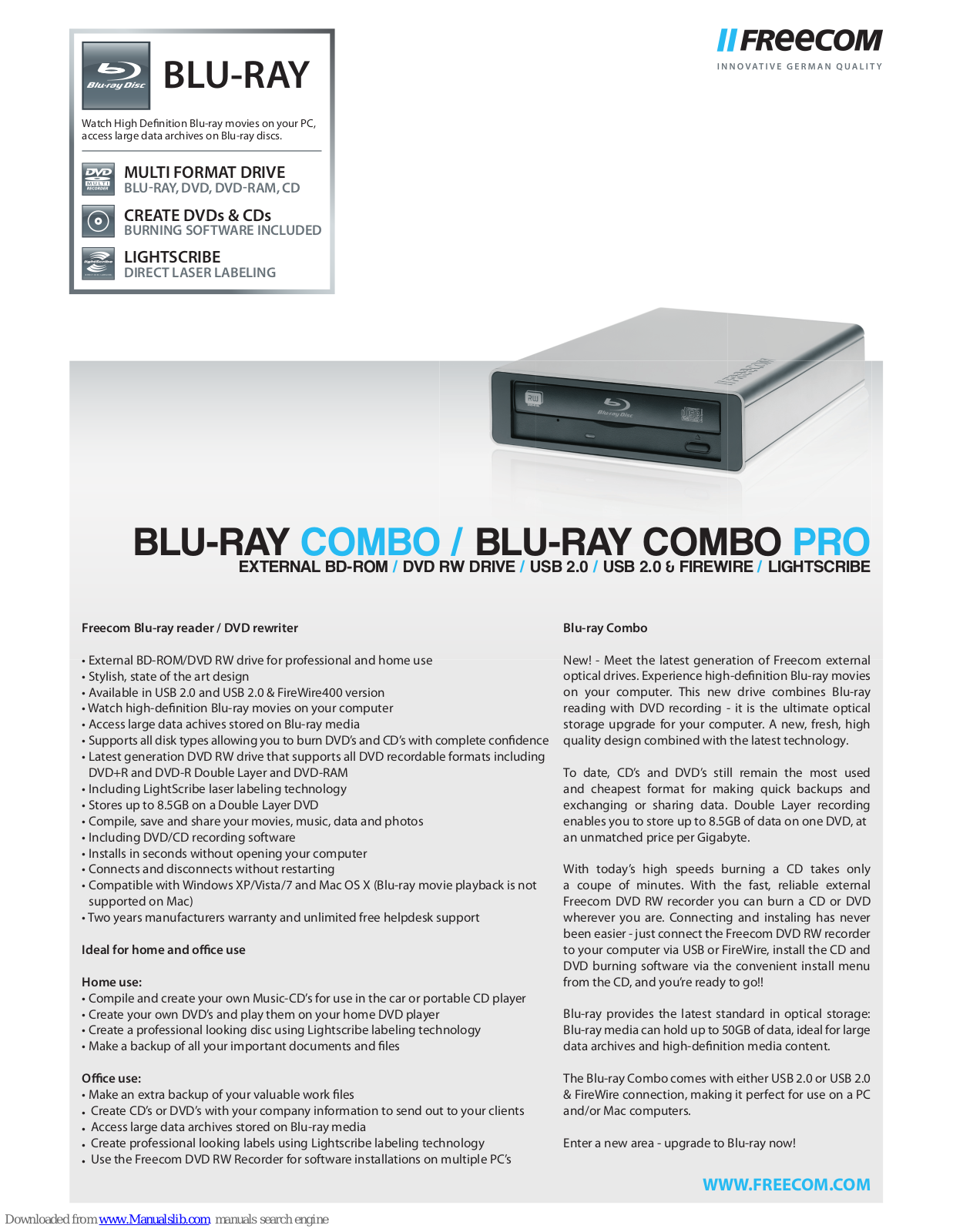 Freecom BLU-RAY COMBO PRO, COMBO Datasheet