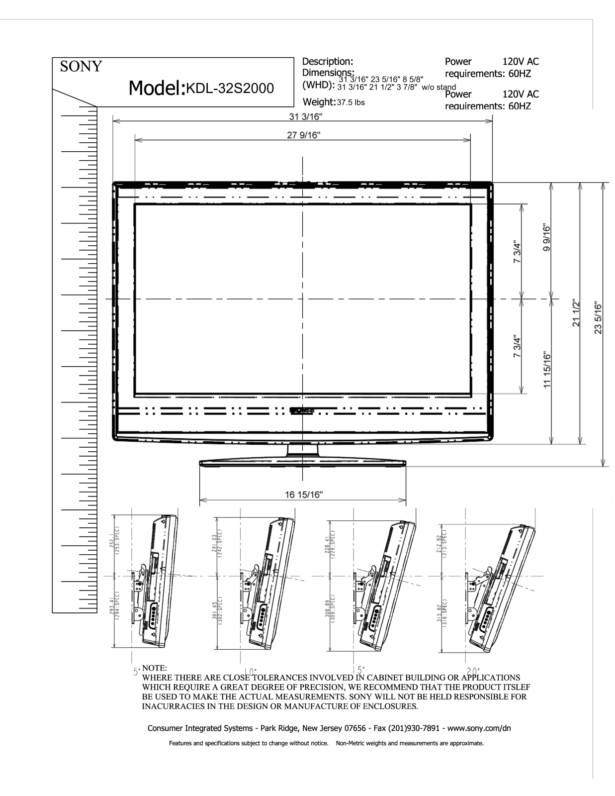 Sony KDL-32S2000, KDL-32S2010 Dimensions Diagrams