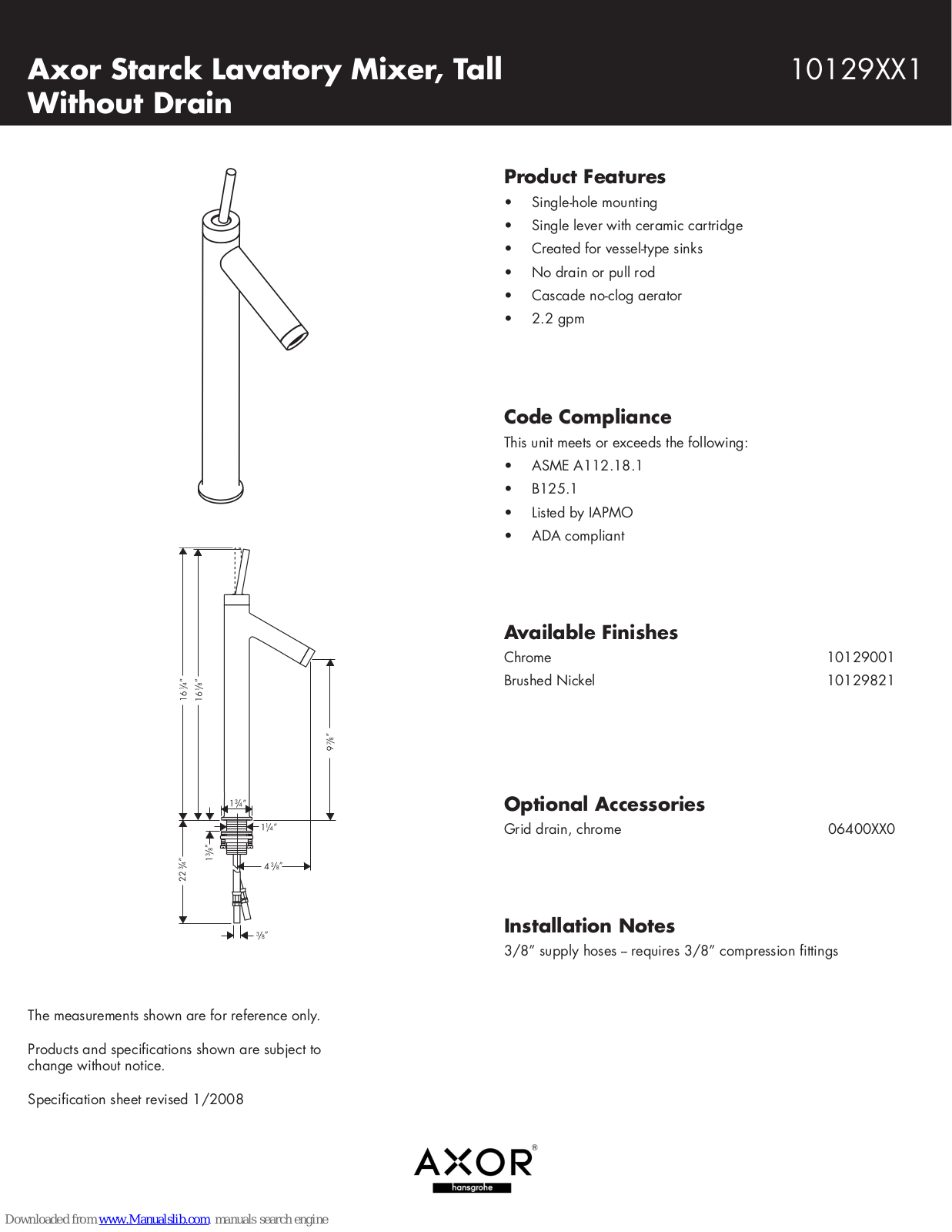 Axor 10129001, 10129821 Specification Sheet