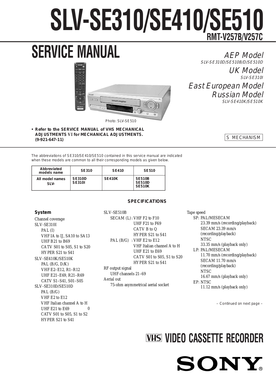 Sony SLV-SE310D, SLV-SE310I, SLV-SE410K, SLV-SE510B, SLV-SE510D Service Manual
