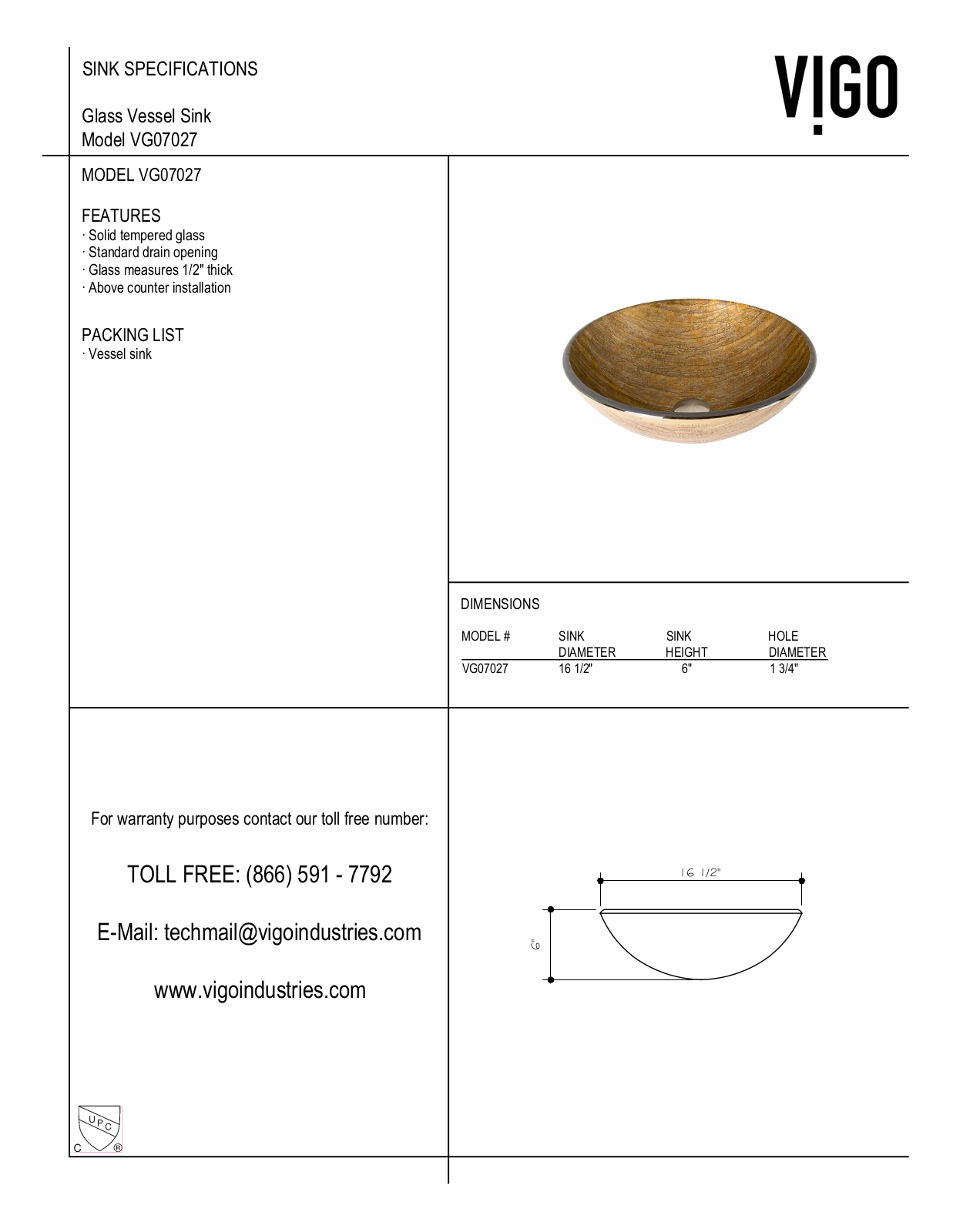 Vigo VGT344, VGT021BNRND, VGT1040, VGT343, VGT342 Specifications