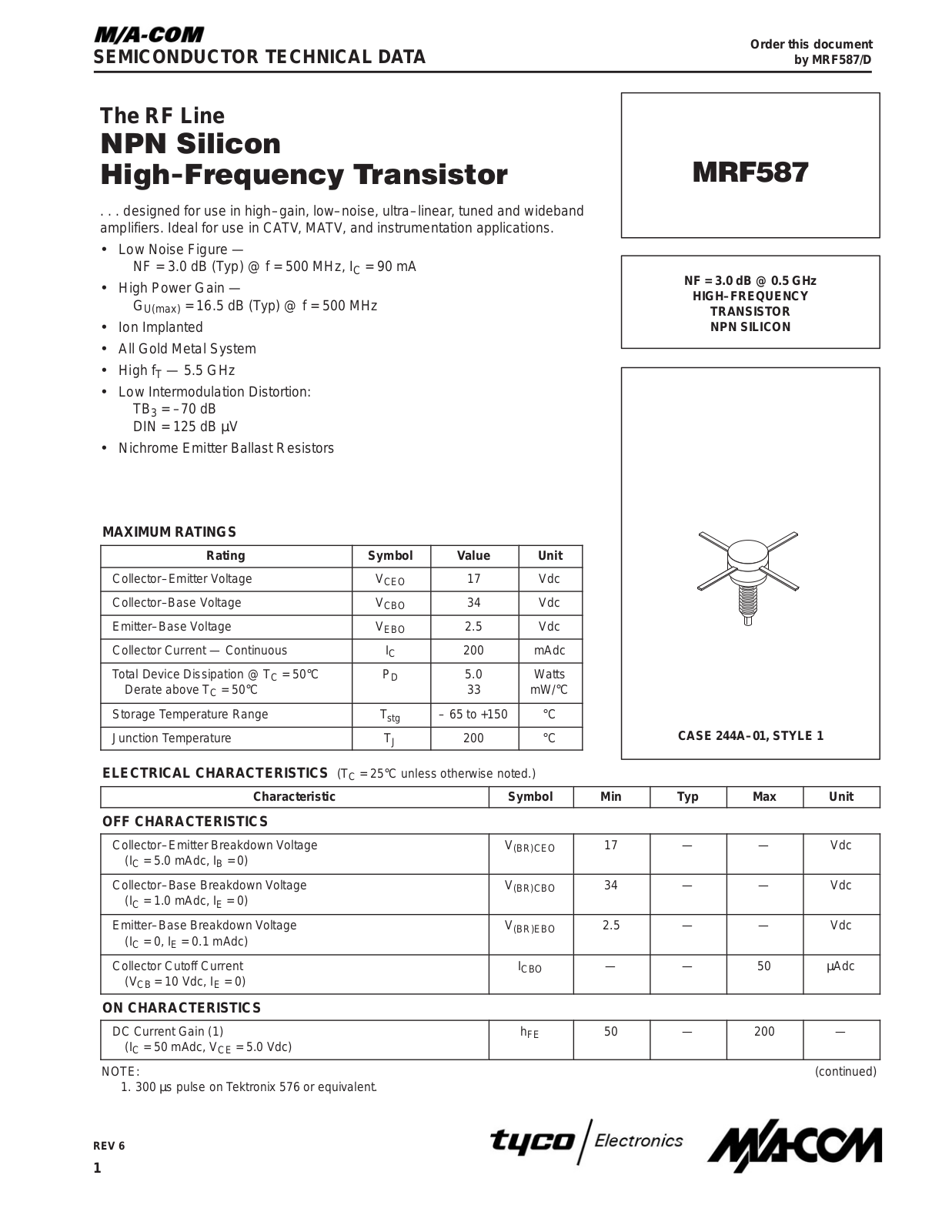 M A COM MRF587 Datasheet