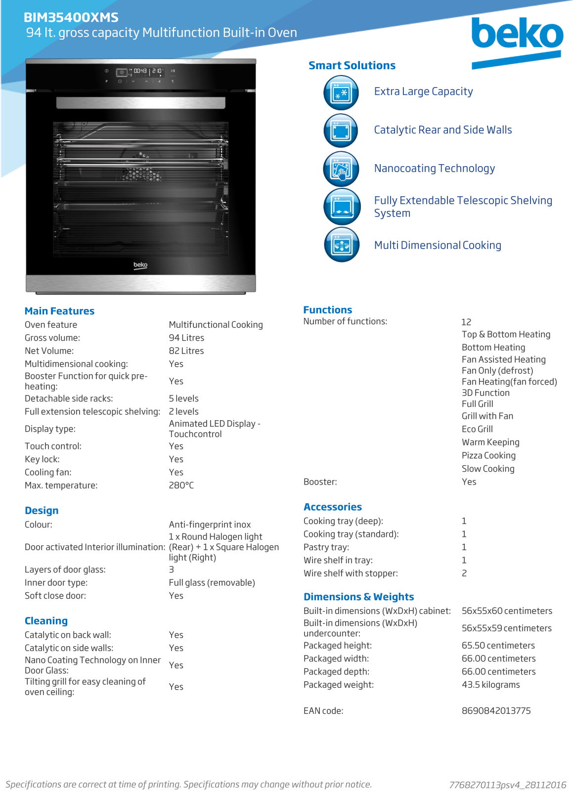 Beko BIM35400XMS Specifications Sheet