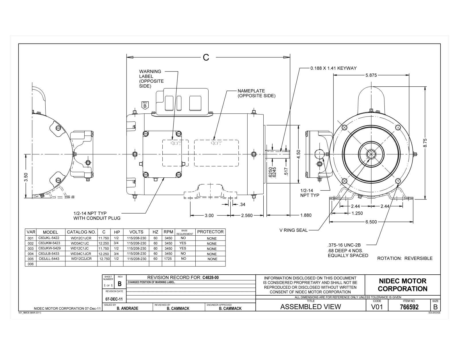 US Motors WD12C1JCR, WD34C1JC, WD12C1JC, WD34C1JCR, WD12C2JCR Dimensional Sheet