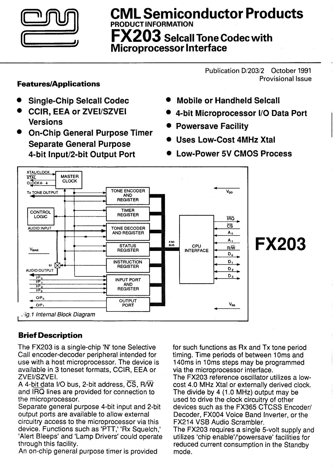 Consumer Microcircuits Limited FX203LS, FX203LG, FX203J Datasheet