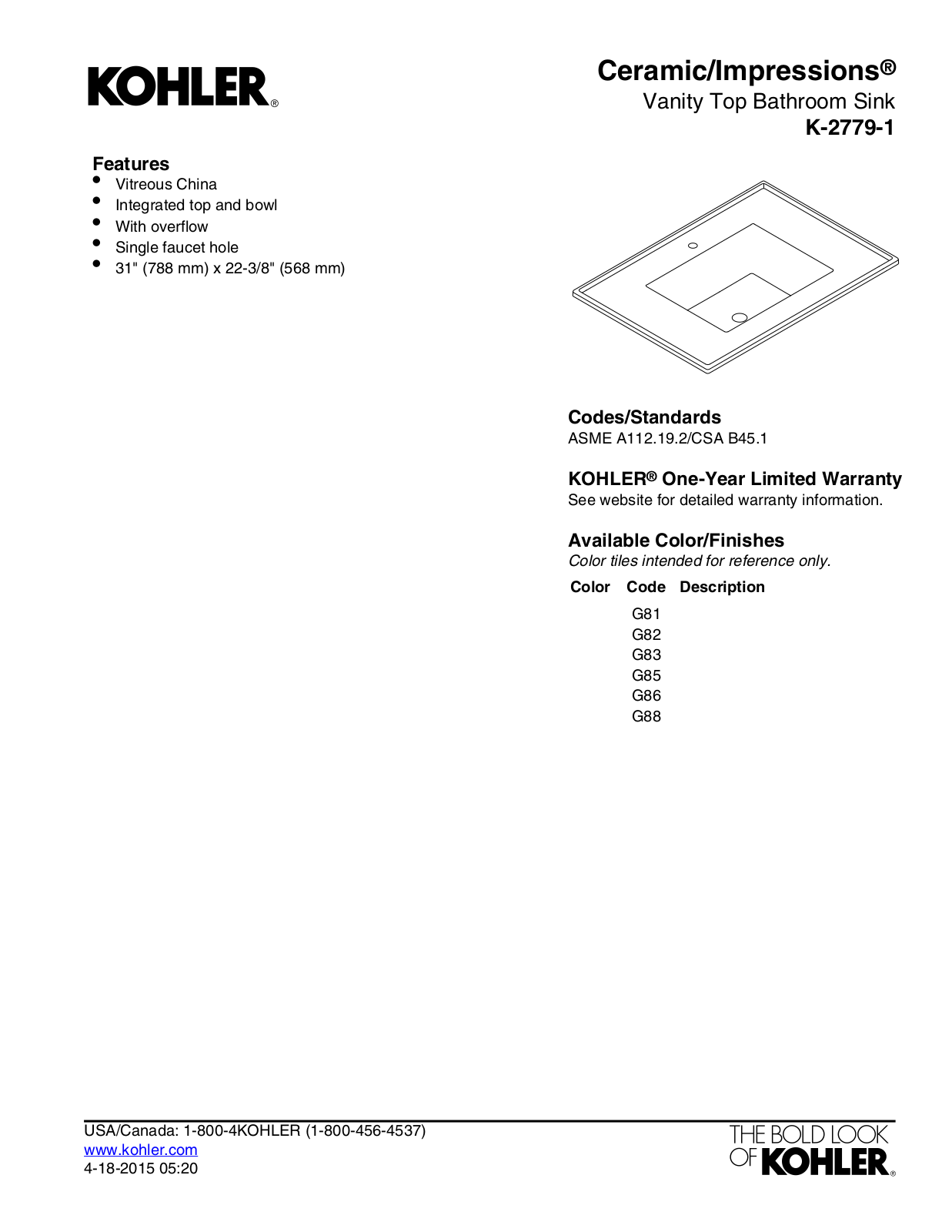Kohler KOH20315 Specifications - ManualMachine.com