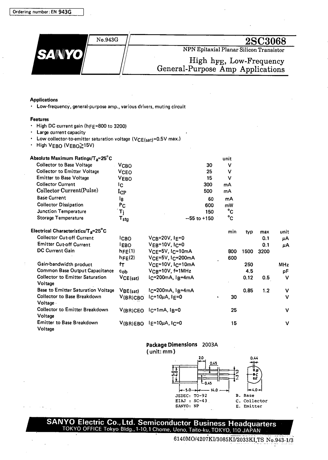 SANYO 2SC3068 Datasheet