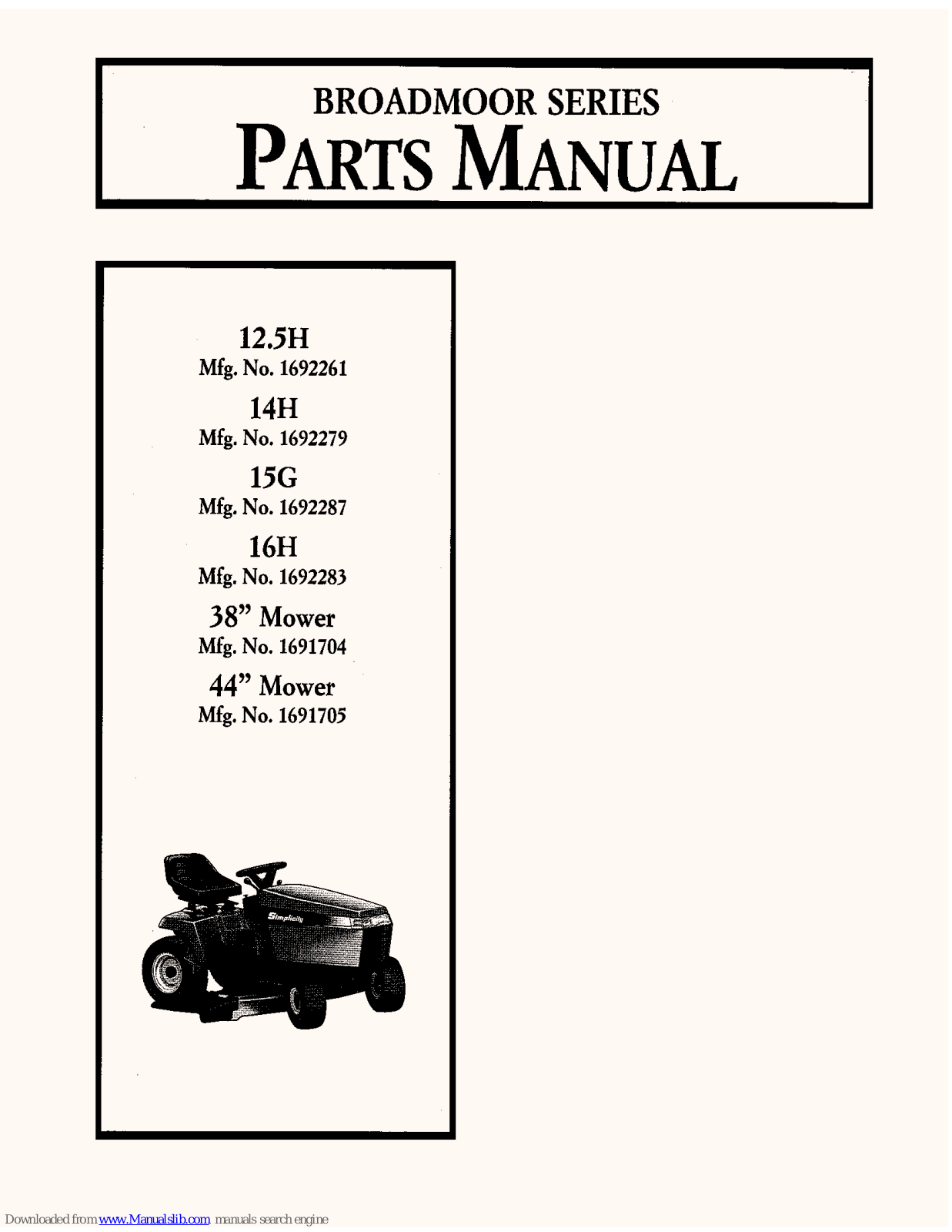 Simplicity 1691704,1691705,1692261,1692279,1692283,1692287 Parts Manual