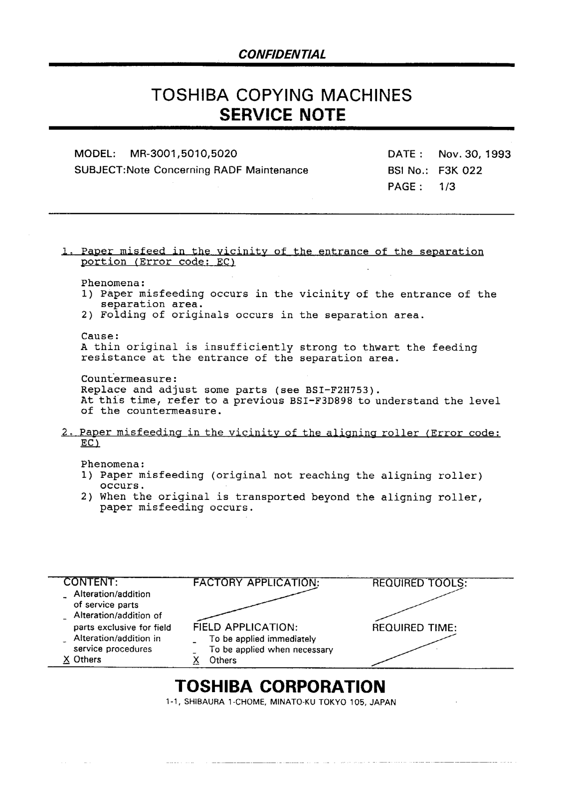 Toshiba f3k022 Service Note