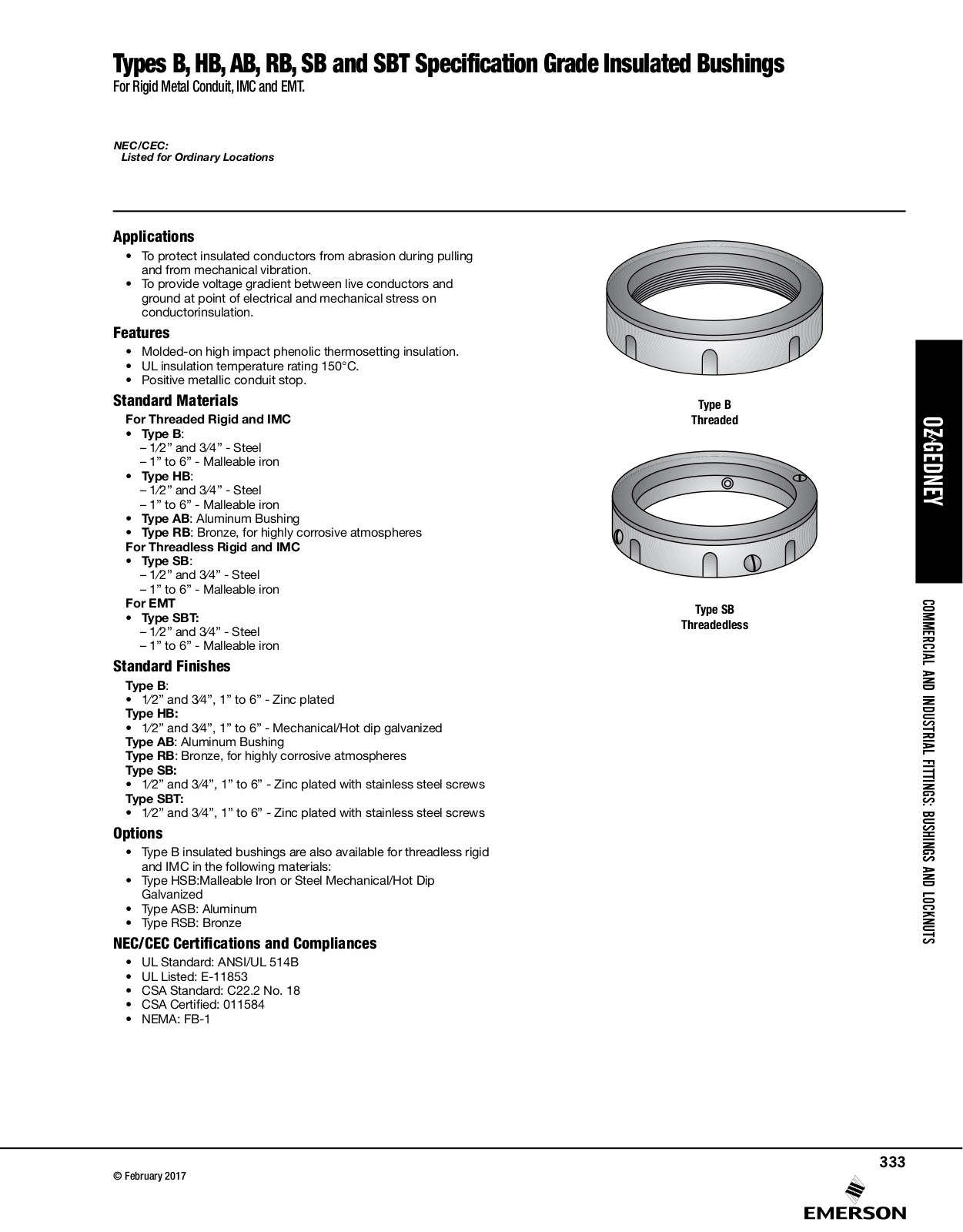 Appleton Specification Grade Insulated Bushings Catalog Page