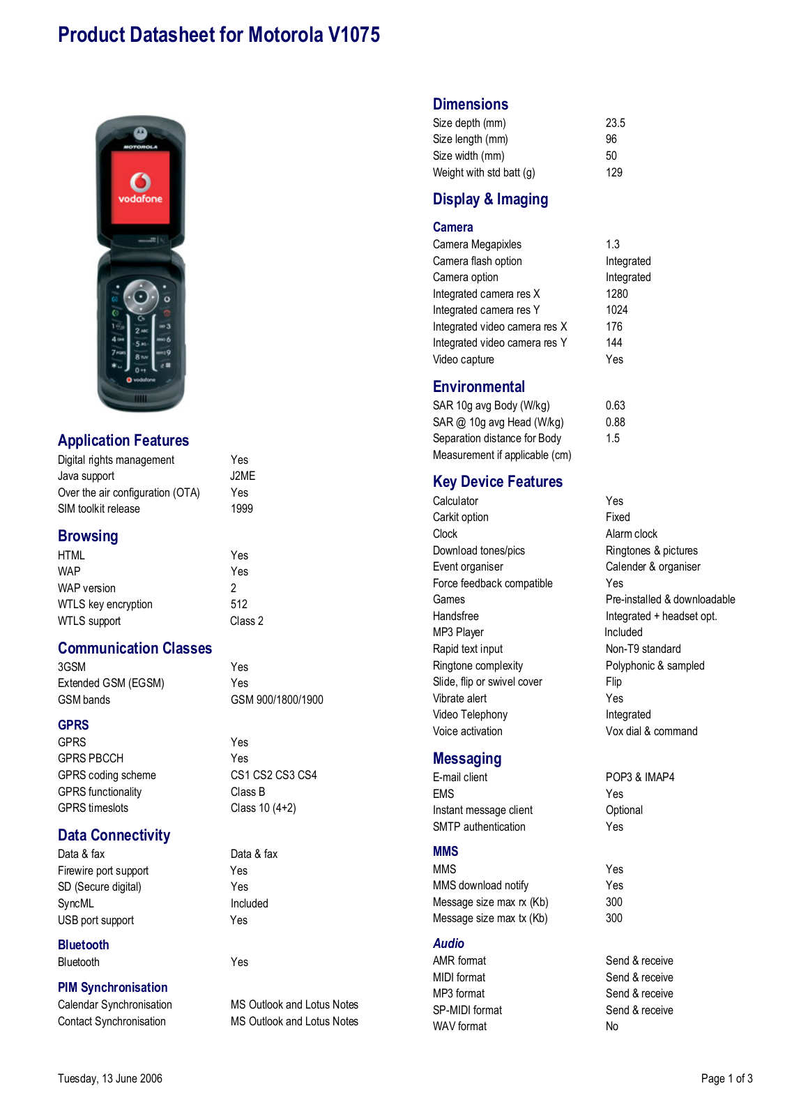 Motorola V1075 DATASHEET