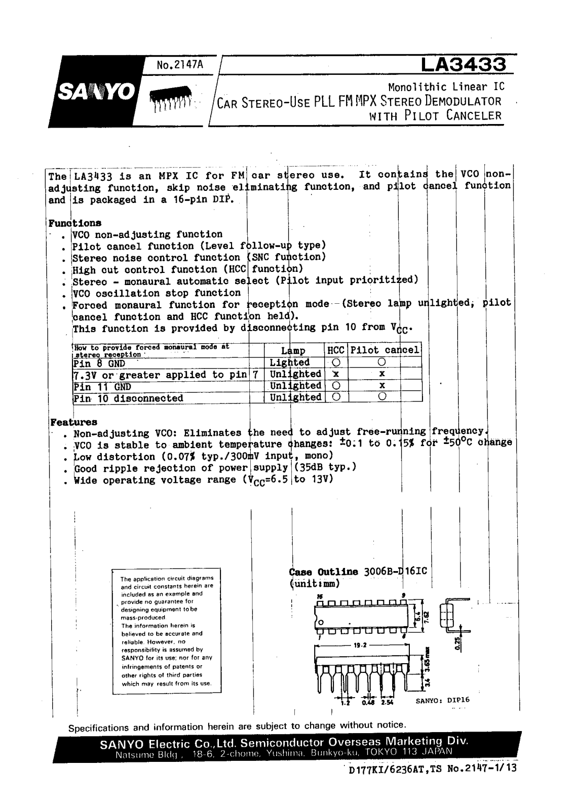 SANYO LA3433 Datasheet