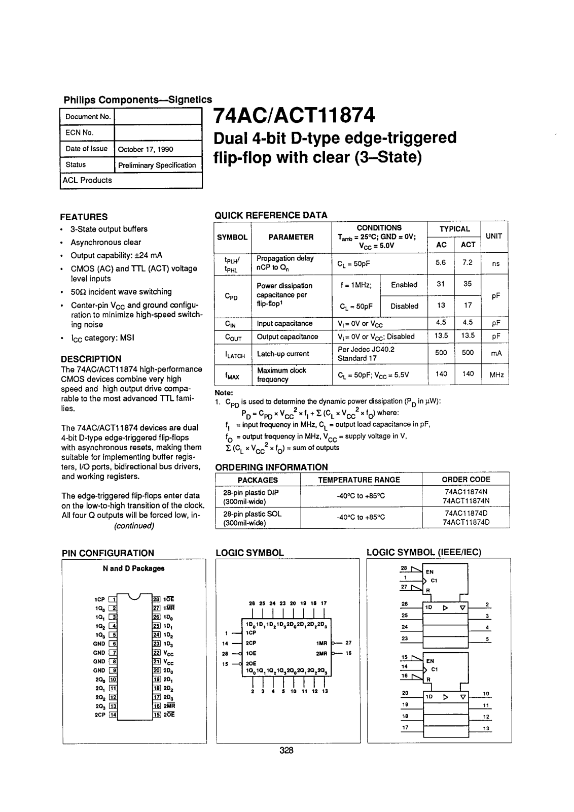 Philips 74ACT11874N, 74ACT11874D, 74AC11874N, 74AC11874D Datasheet