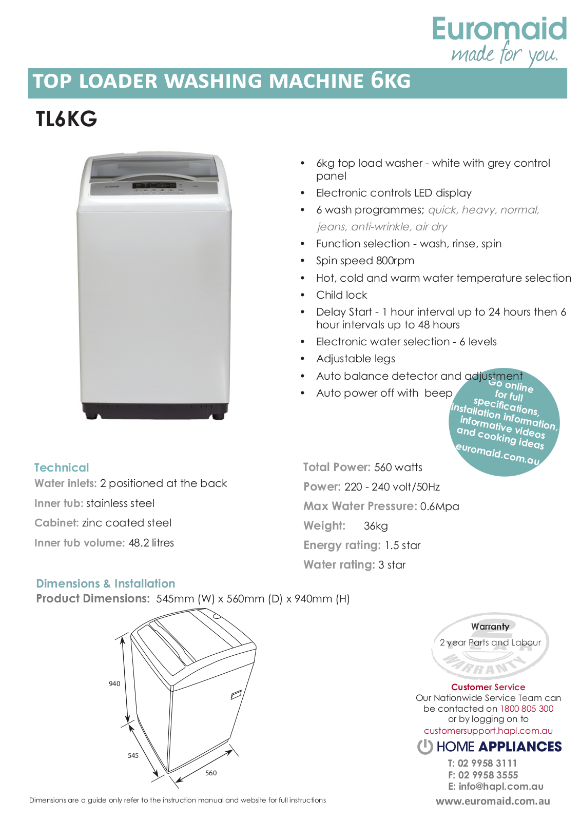 Euromaid TL6KG Specifications Sheet