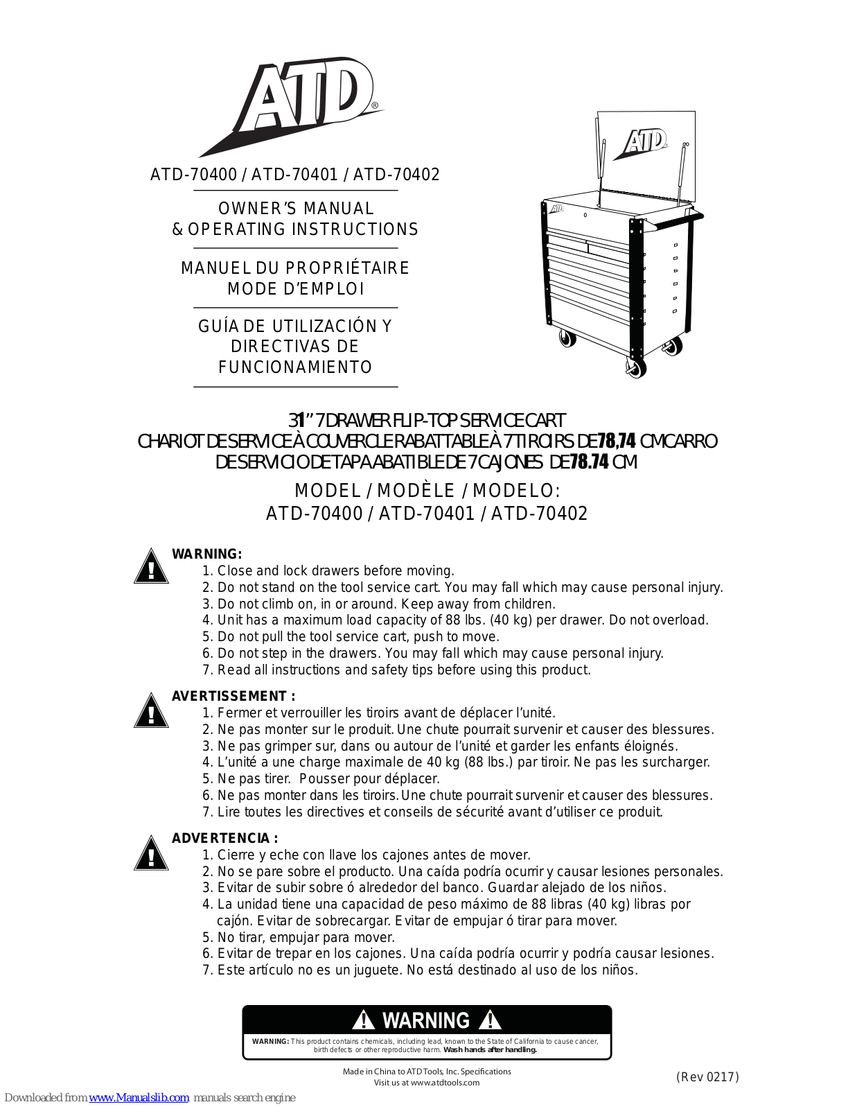 ATD Tools ATD-70400, ATD-70401, ATD-70402 Owner's Manual & Operating Instructions