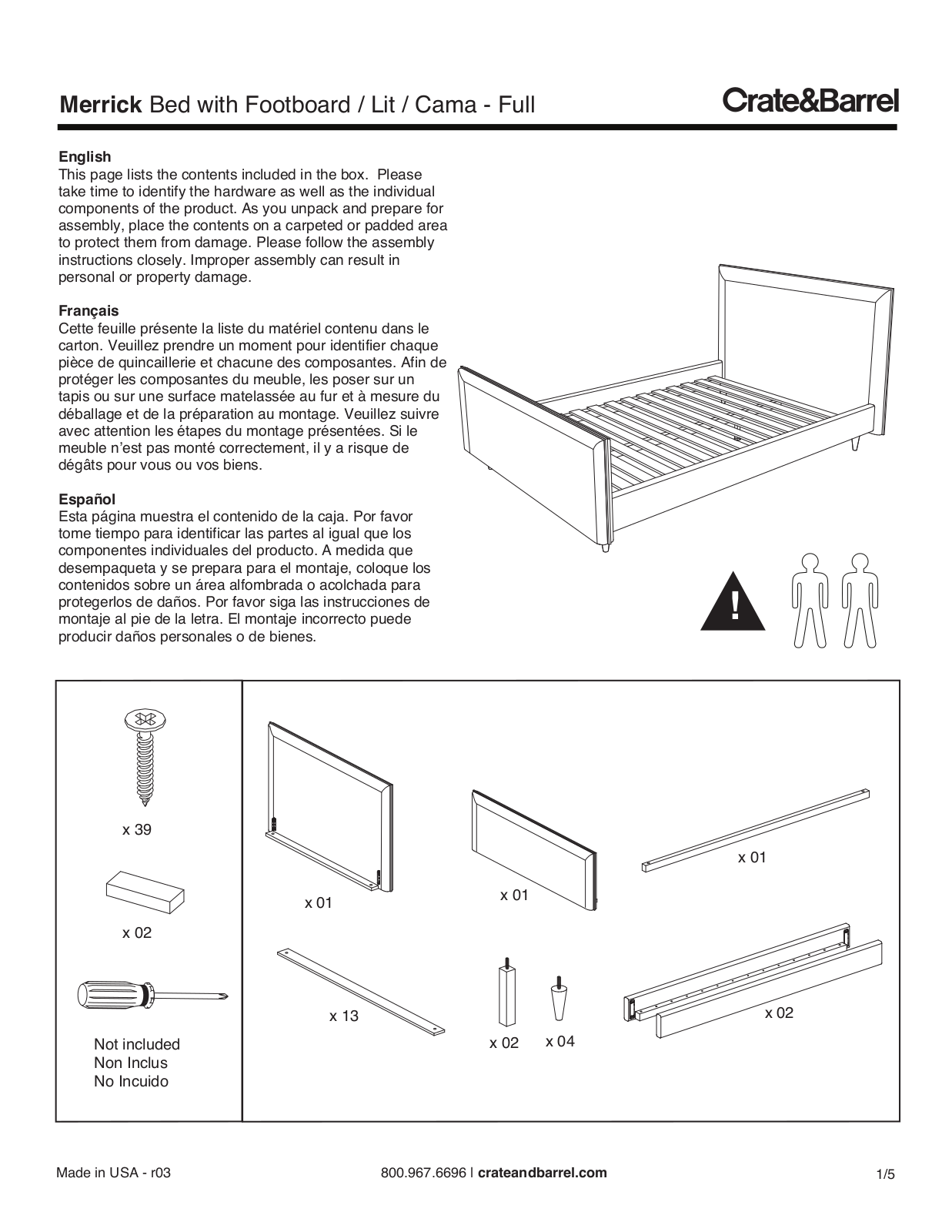 Crate & Barrel Merrick Full Bed with Footboard Assembly Instruction